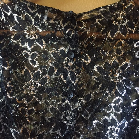 Vtg 70s Black & Silver Lace puff sleeve blouse - image 3
