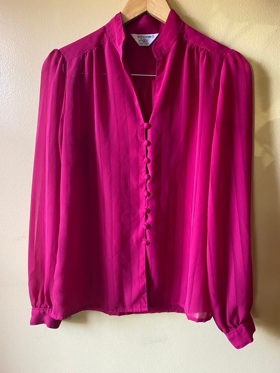 Vtg Sheer Magenta Pink covered button blouse