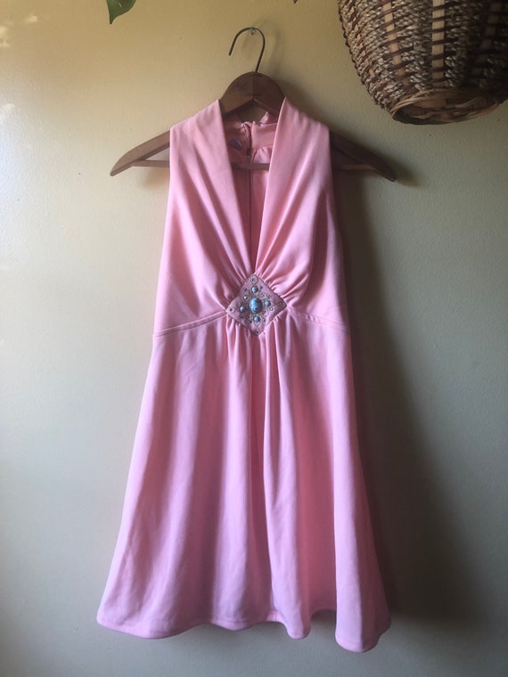 Vtg 1960s Peach Aurora Borealis Crystal Mini Dress - image 2