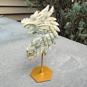 Moss Agate Dragon Carving on Stand: Guardian Crystal Sculpture