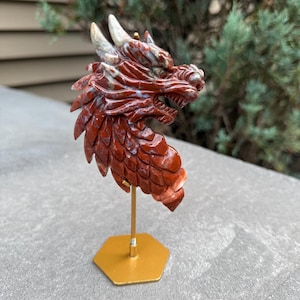 Red Moss Agate Dragon Head Carving: Crystal Guardian Stone Decor