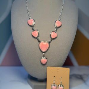 Conjunto de collar y pendientes Samson Etsitty Pink Conch Heart Lariat, plata de ley, hecho por nativos del suroeste.