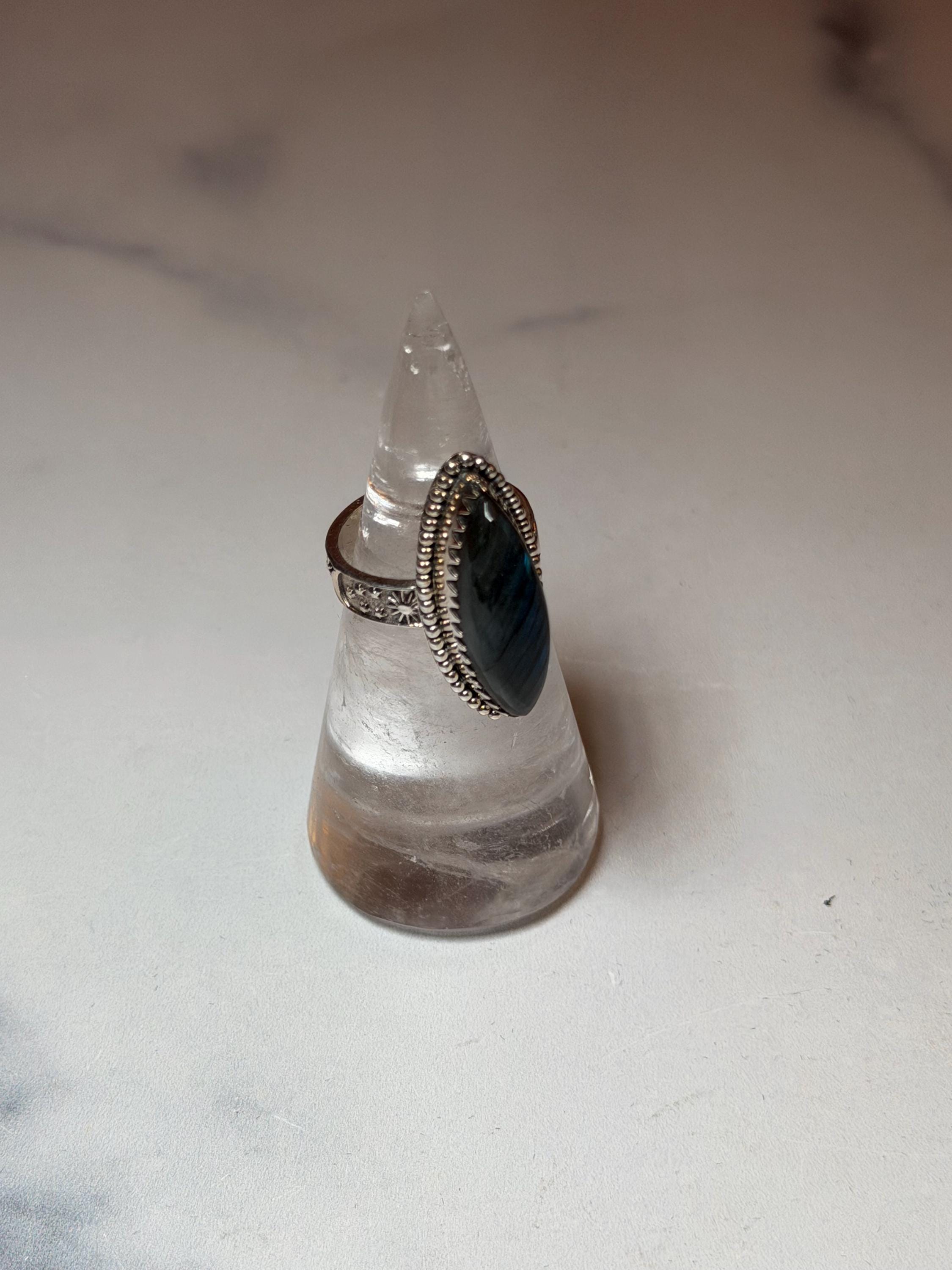 Marquis Labradorite Ring • Sterling Silver • Blue Green Flash Gemstone • Boho Statement Jewelry (size 6.5) 7