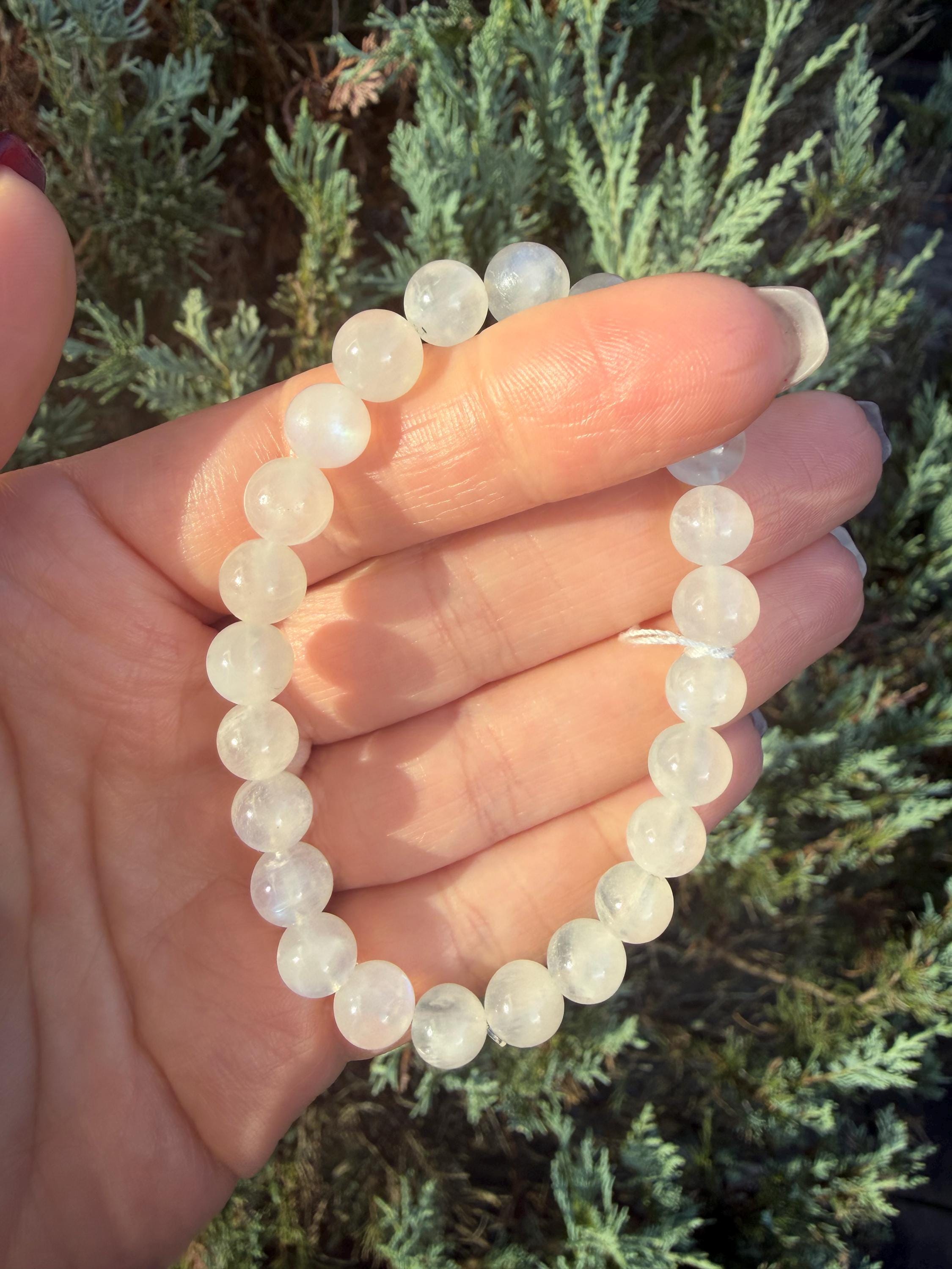 Flashy White Moonstone Beaded Bracelet • Crystal Healing Jewelry • Intuition & Feminine Energy 10