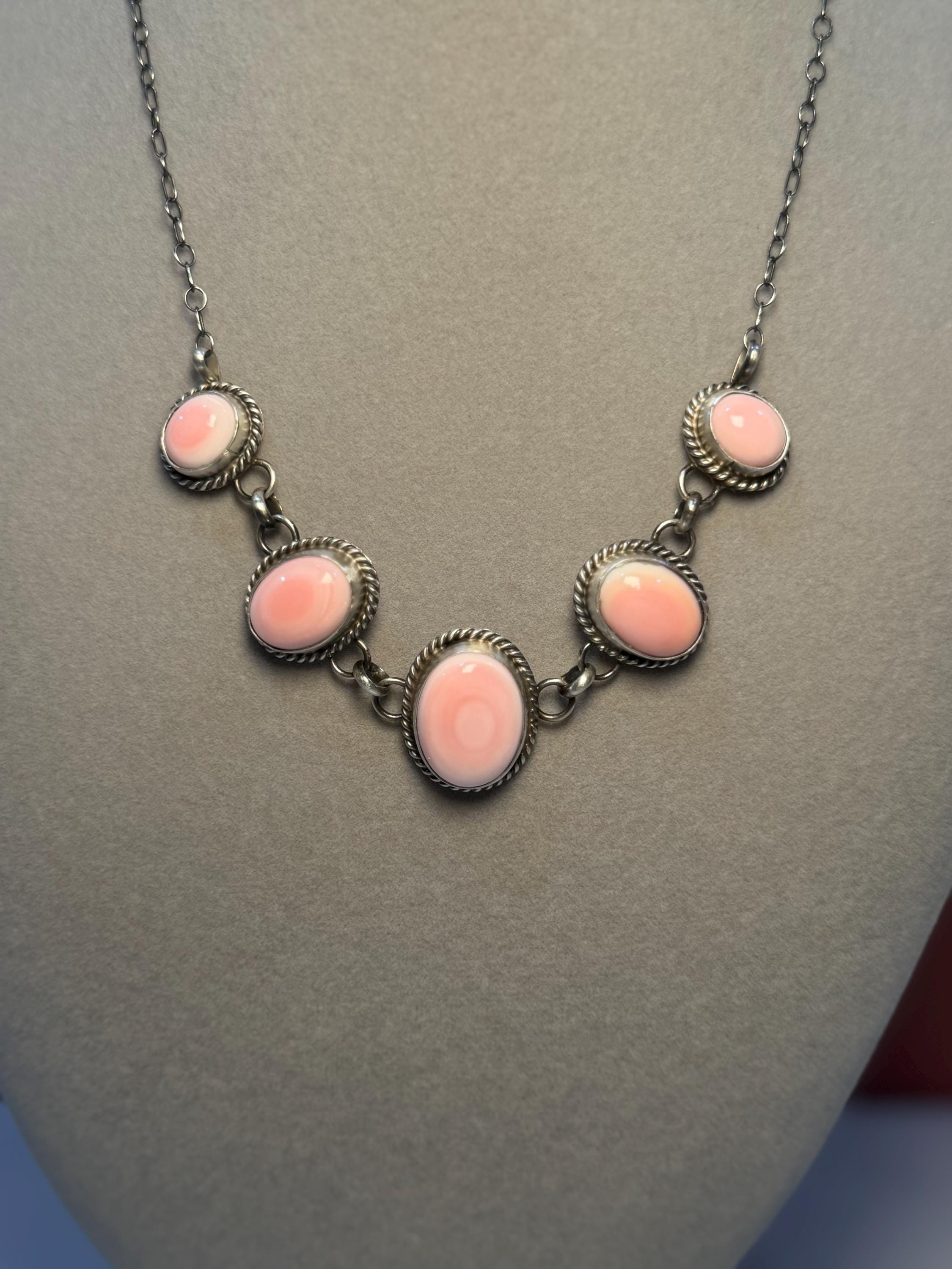 Pink Conch Five Stone Necklace, Sterling Silver, Native Made Stamped B. Lee 5