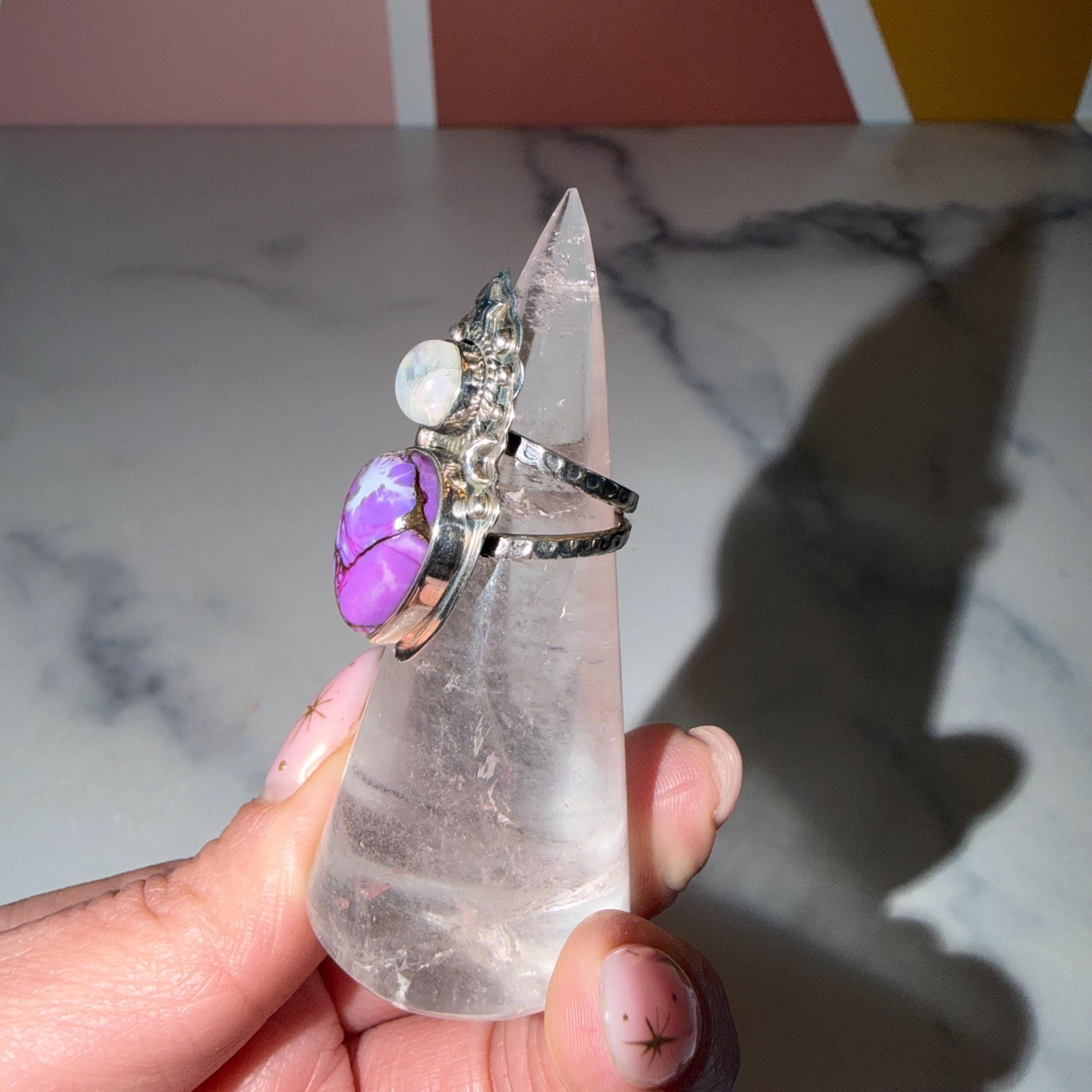 Sterling Silver Statement Ring, Purple Turquoise Moonstone, Gothic Boho Western Style, Size 5.5 4
