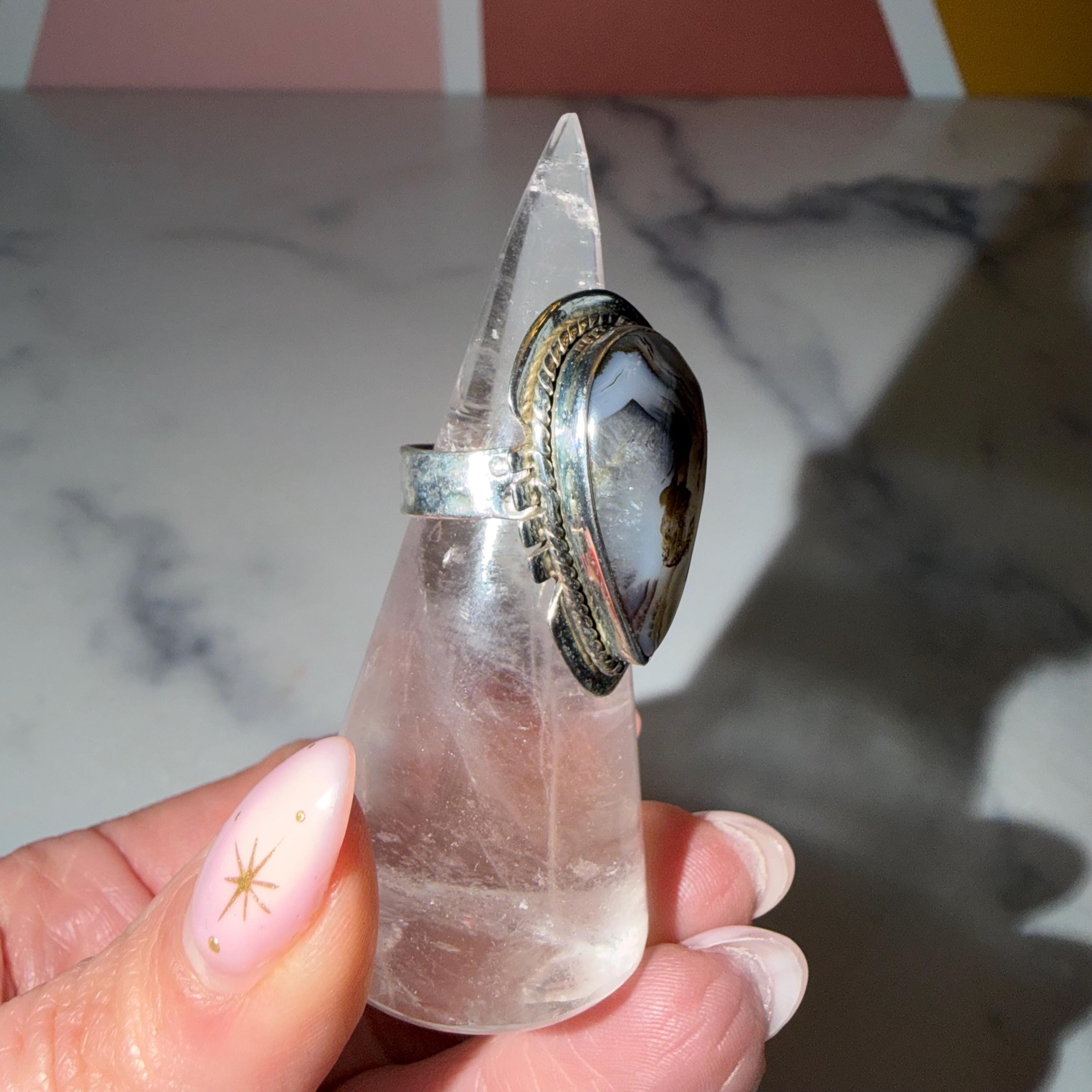 Montana Agate Teardrop Ring • Hammered Sterling Silver Statement Boho Jewelry (size 6.5) 5