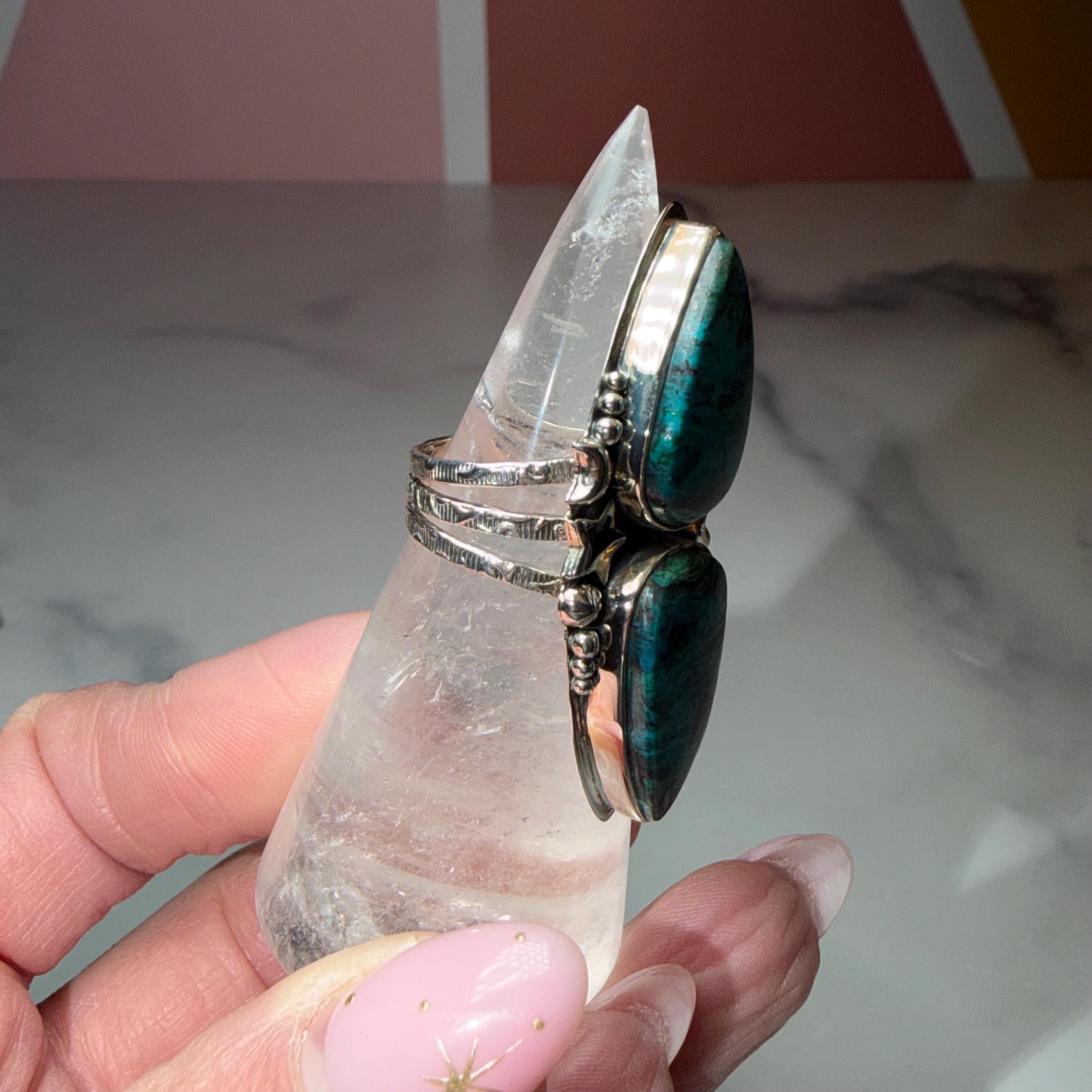 XL Chrysocolla Double Stone Ring, 925 Sterling Silver Celestial Triple Band Ring (Size 7) 4