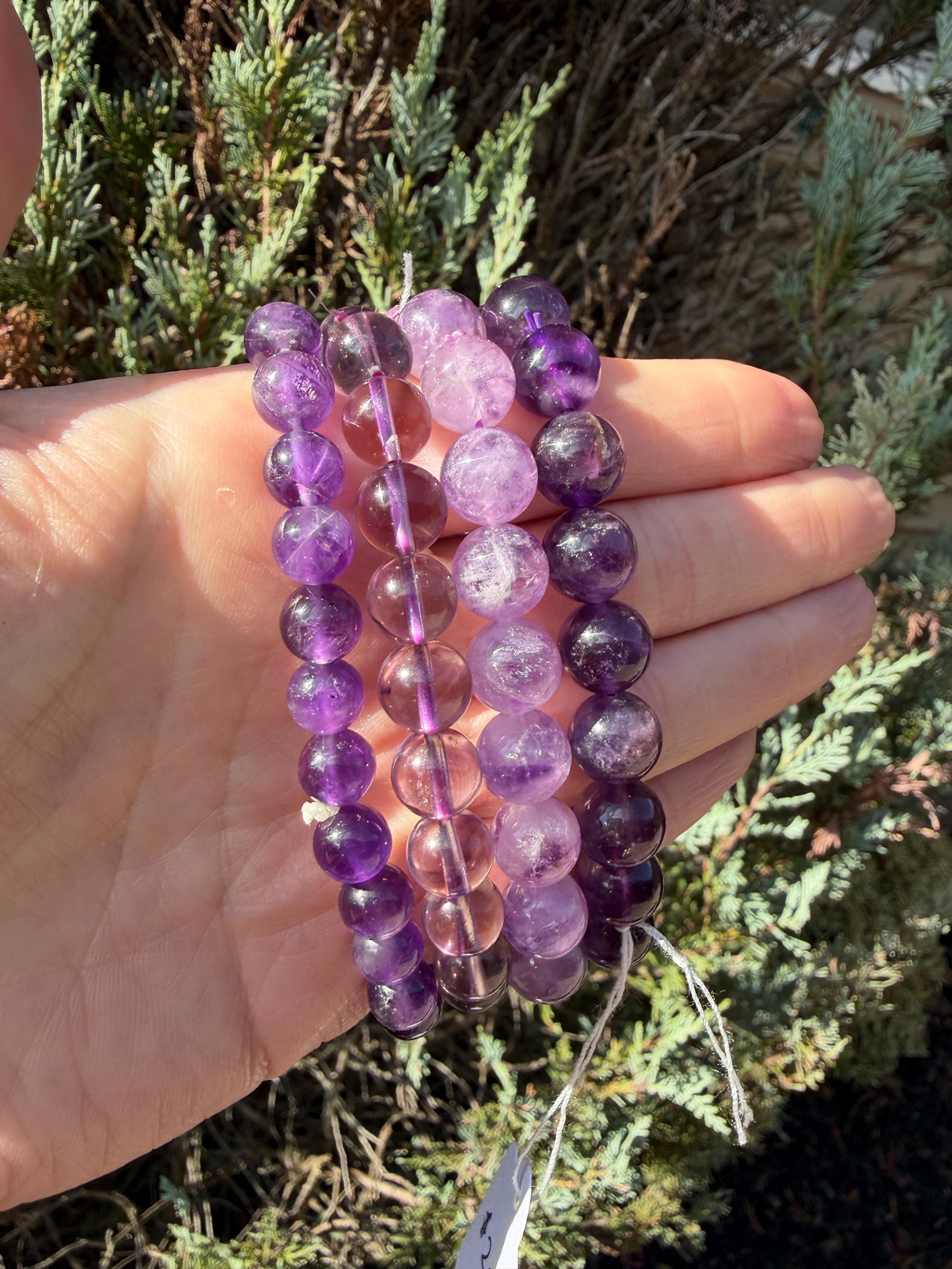 Natural Amethyst Crystal Beaded Bracelets • Polished Gemstone Healing Jewelry