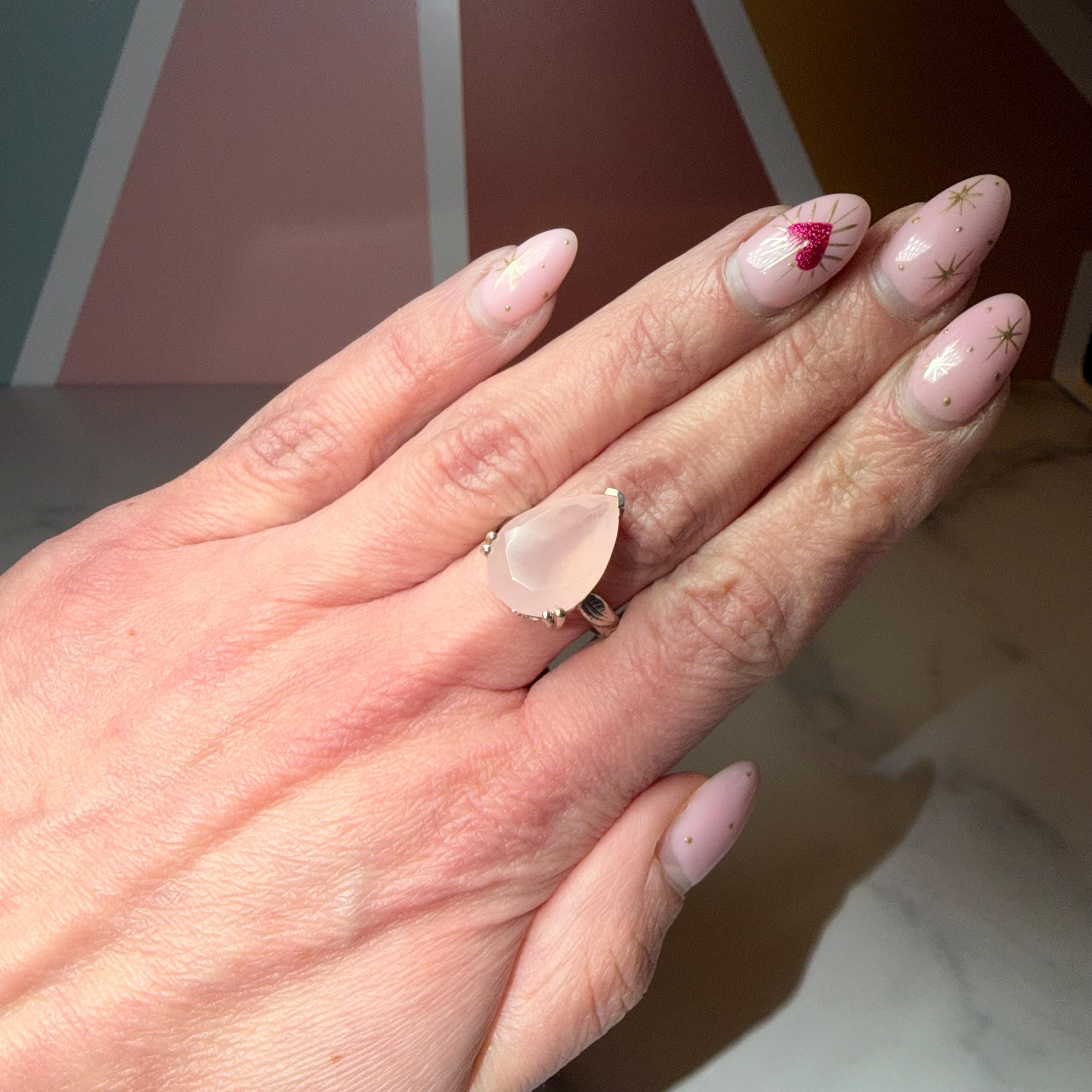 Faceted Rose Quartz Tear Drop Ring, Sterling Silver Ornate Band, Size 7.25 3