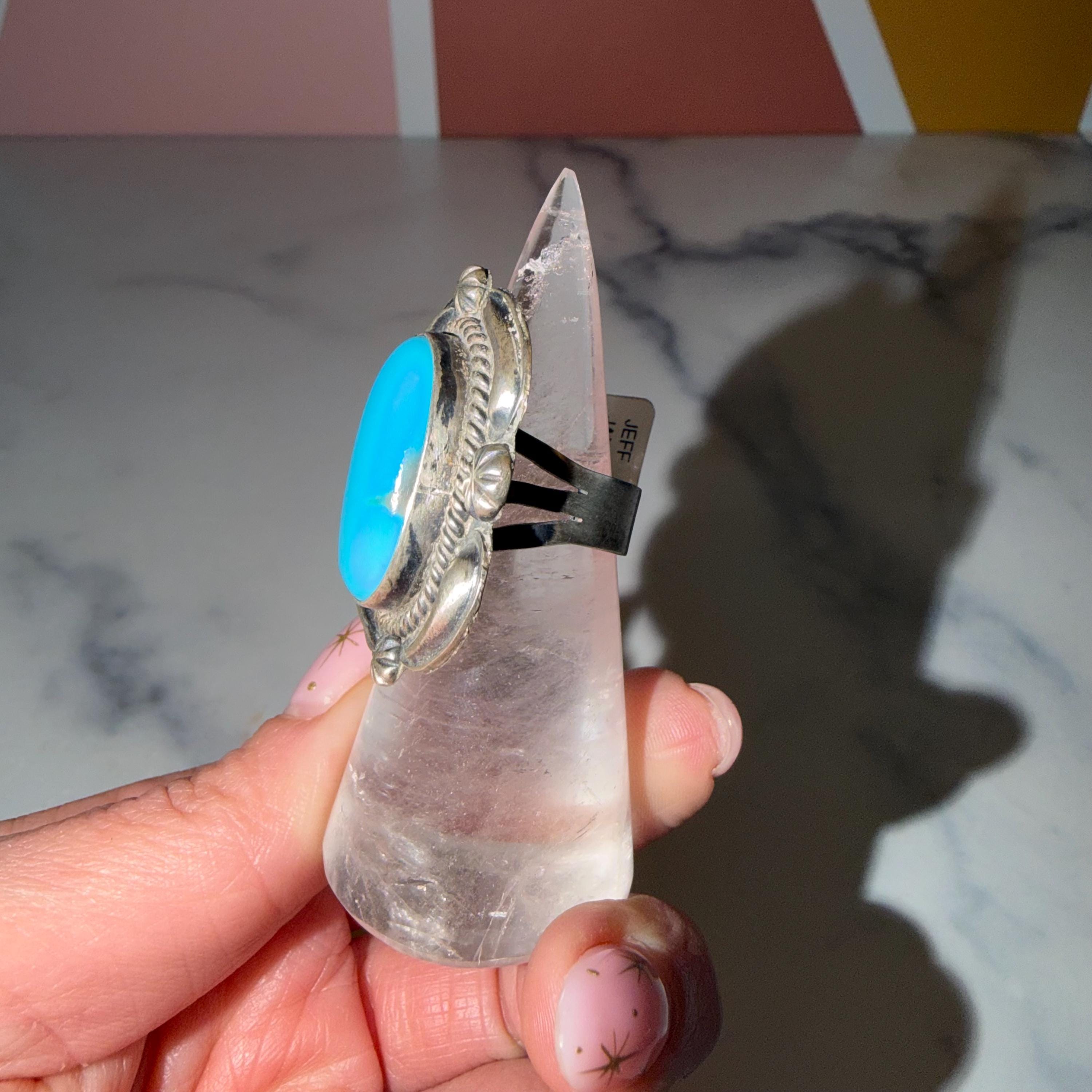 Jeff James Kingman Turquoise Ring • Sterling Silver • Size 7.5 • Native Southwestern Statement 4