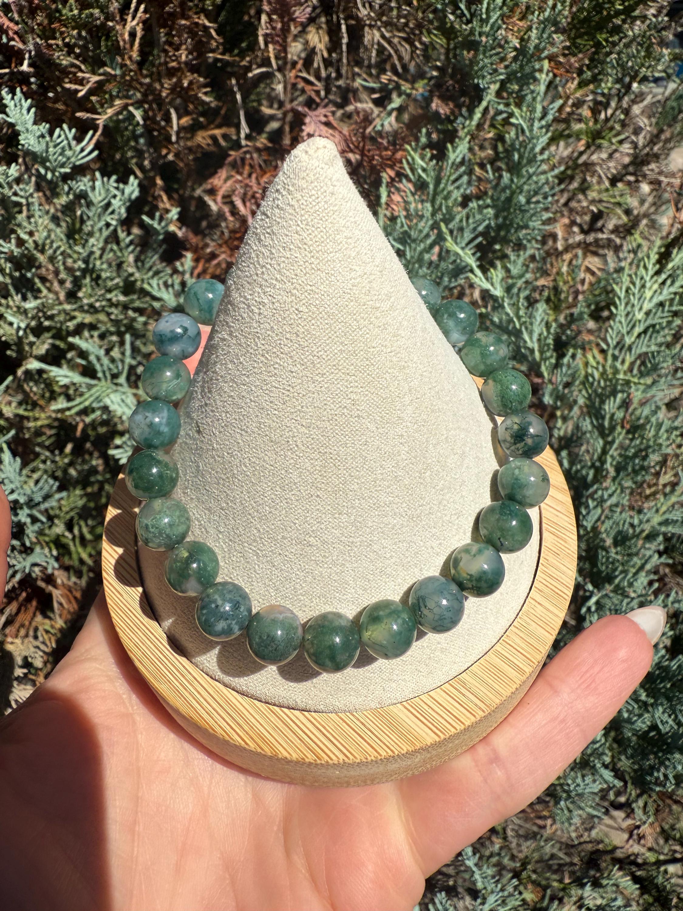 Moss Agate Stretch Beaded Bracelet, Grounding Crystal Healing Jewelry (9mm) 9