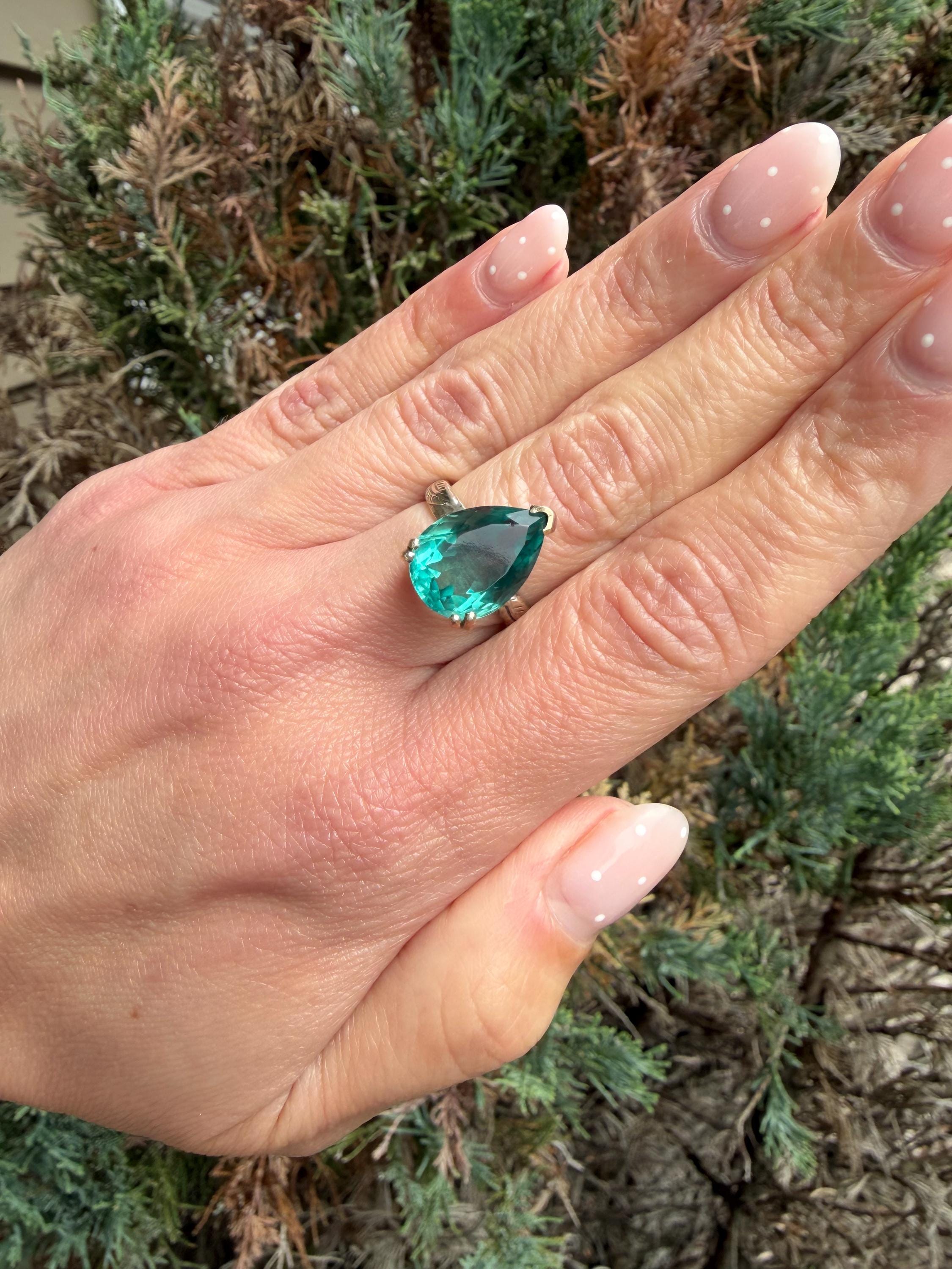 Blue Fluorite Teardrop Ring • Sterling Silver Floral Band • Boho Statement Ring (Size 7) 11