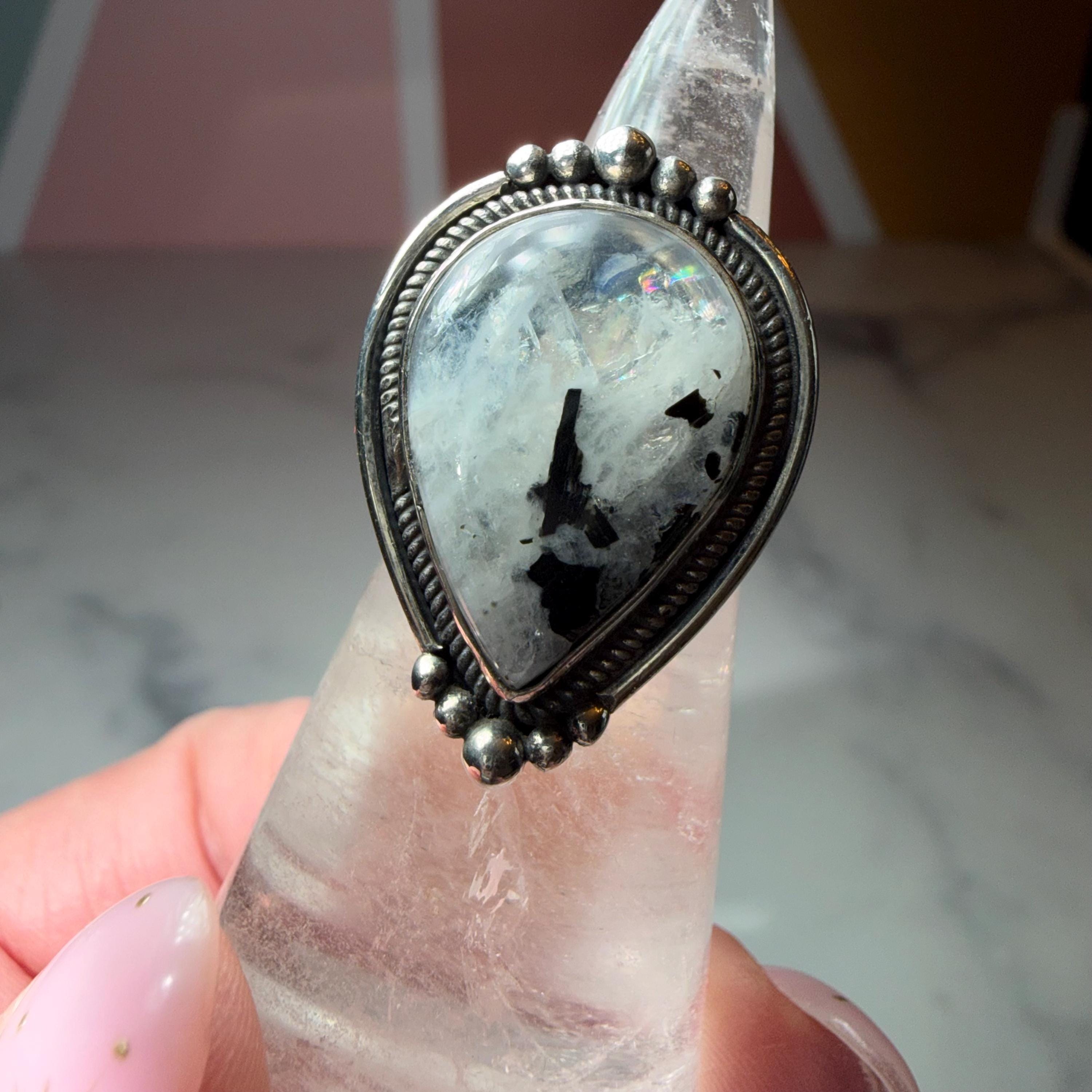 Large Rainbow Moonstone Tear Drop Ring, Sterling Silver Statement Ring, Size 6 3