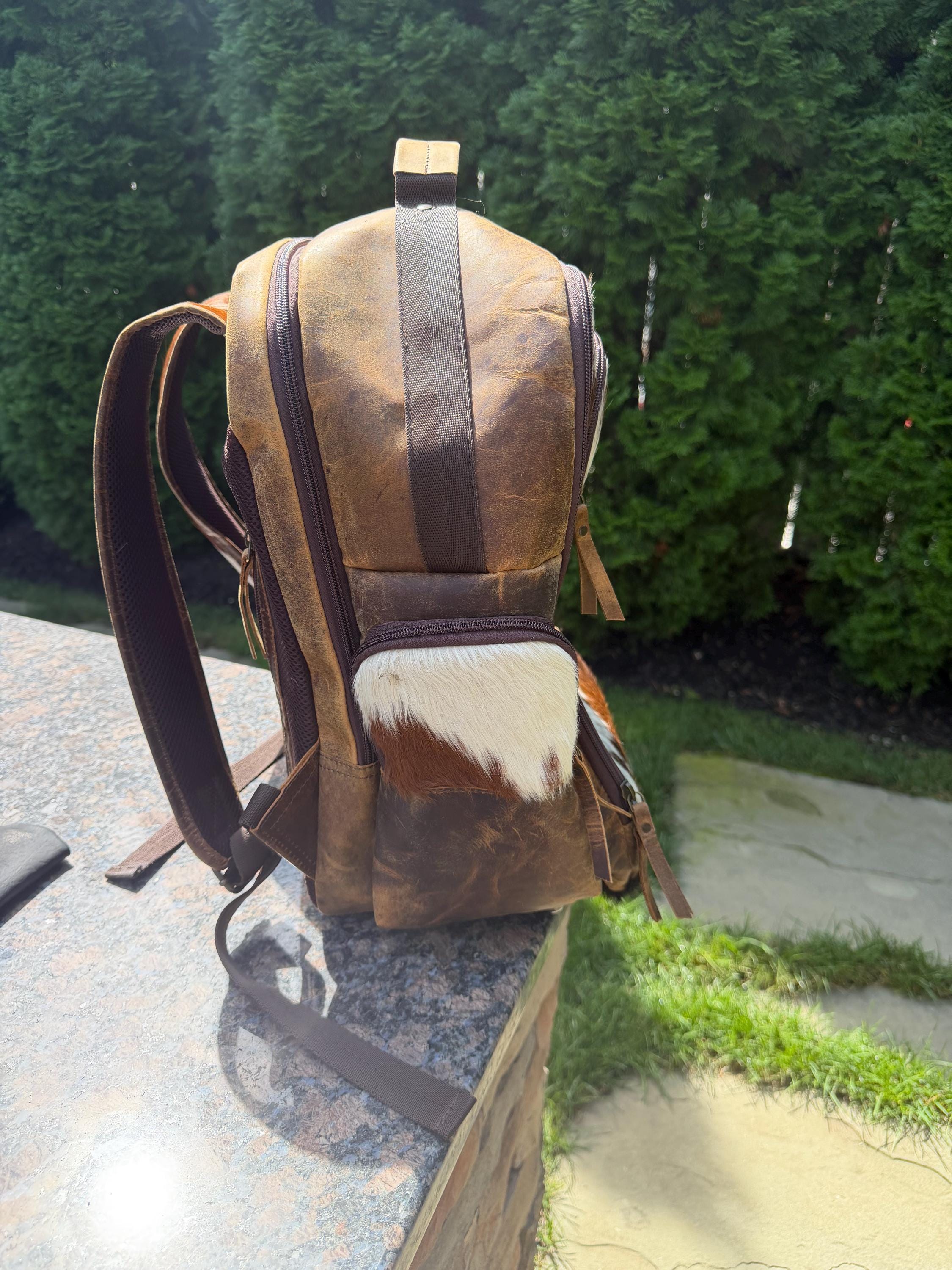 Western Cowhide & Leather Backpack – Hair-On Hide Rustic Travel Bag 6