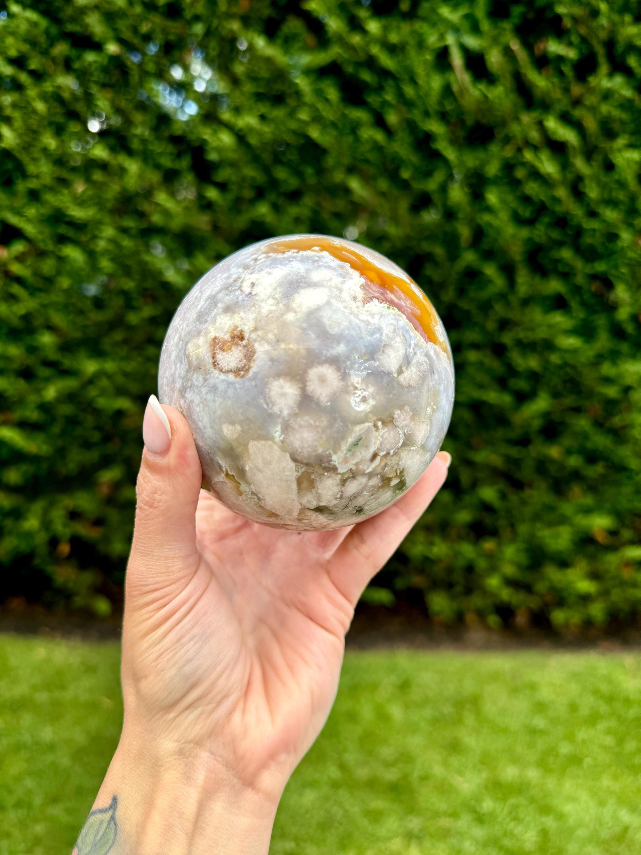 Flower Agate Crystal Sphere, Carnelian Amethyst Orb, Large Natural Stone Decor