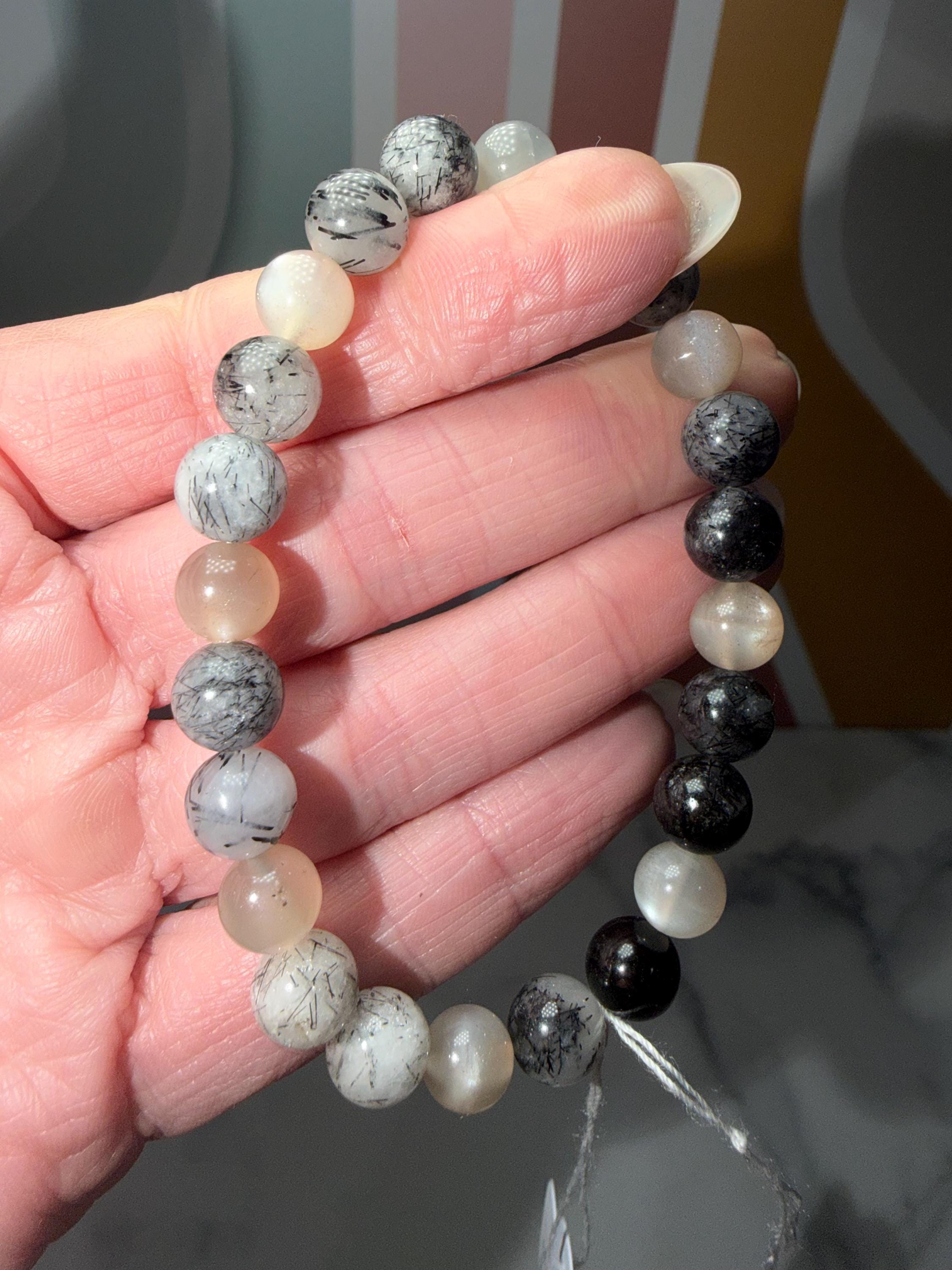 Moonstone and Tourmalated Quartz Stretch Beaded Bracelet, Intuition Protection Balance Jewelry (8.5mm) 4