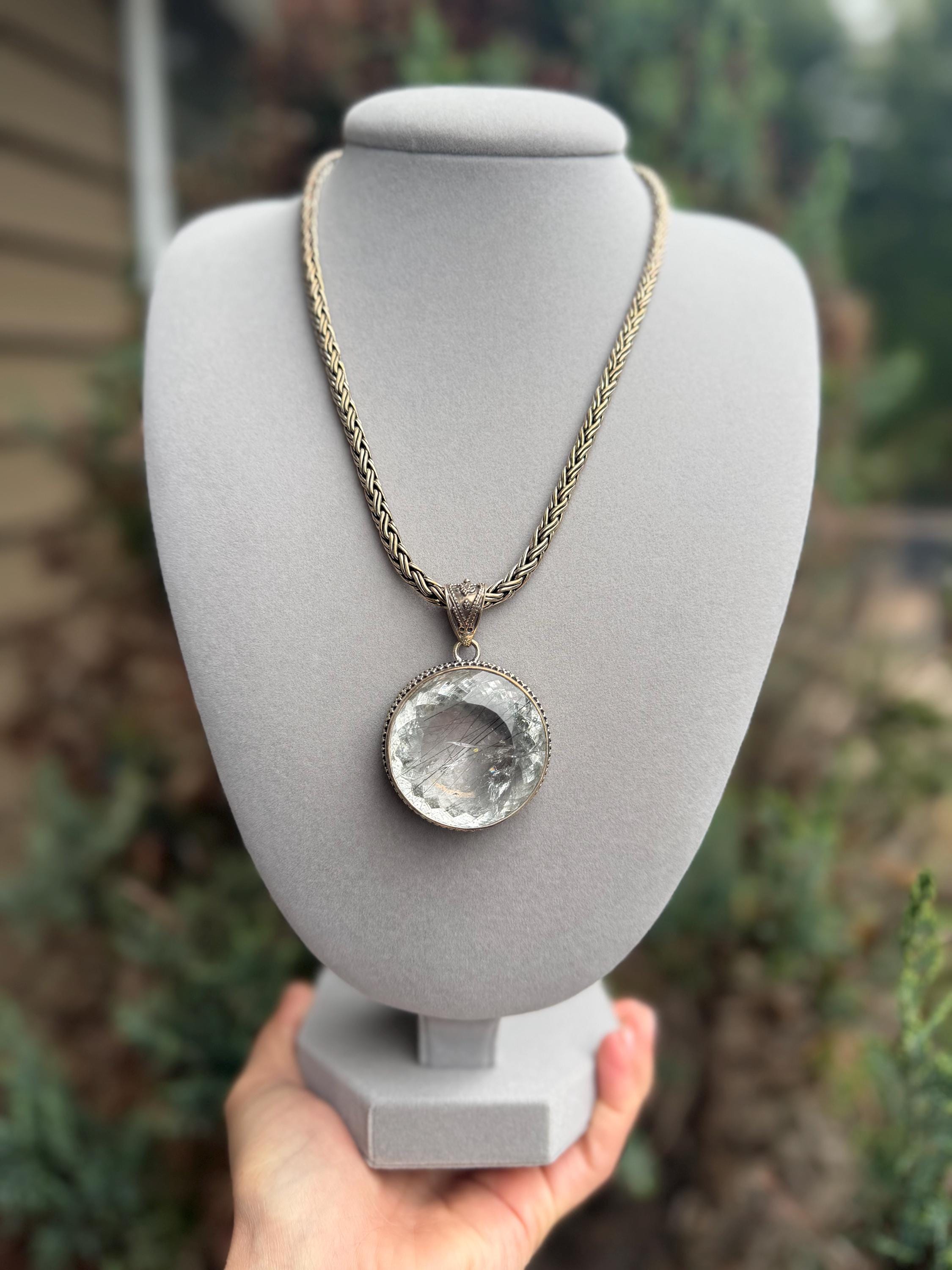 Faceted Rutilated Quartz Pendant, Black Rutile Sterling Silver Ornate Necklace 2