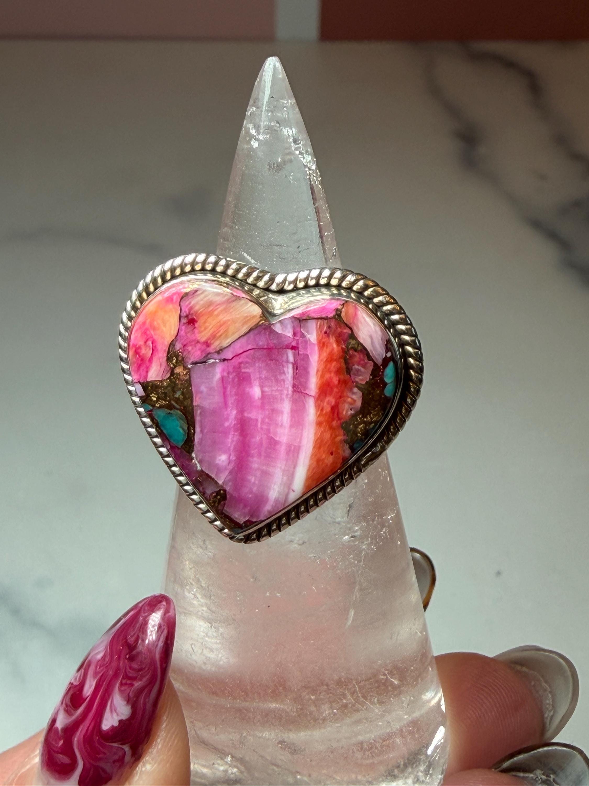 Pink Dahlia Heart Ring • Sterling Silver • Boho Gemstone Jewelry (size 7)