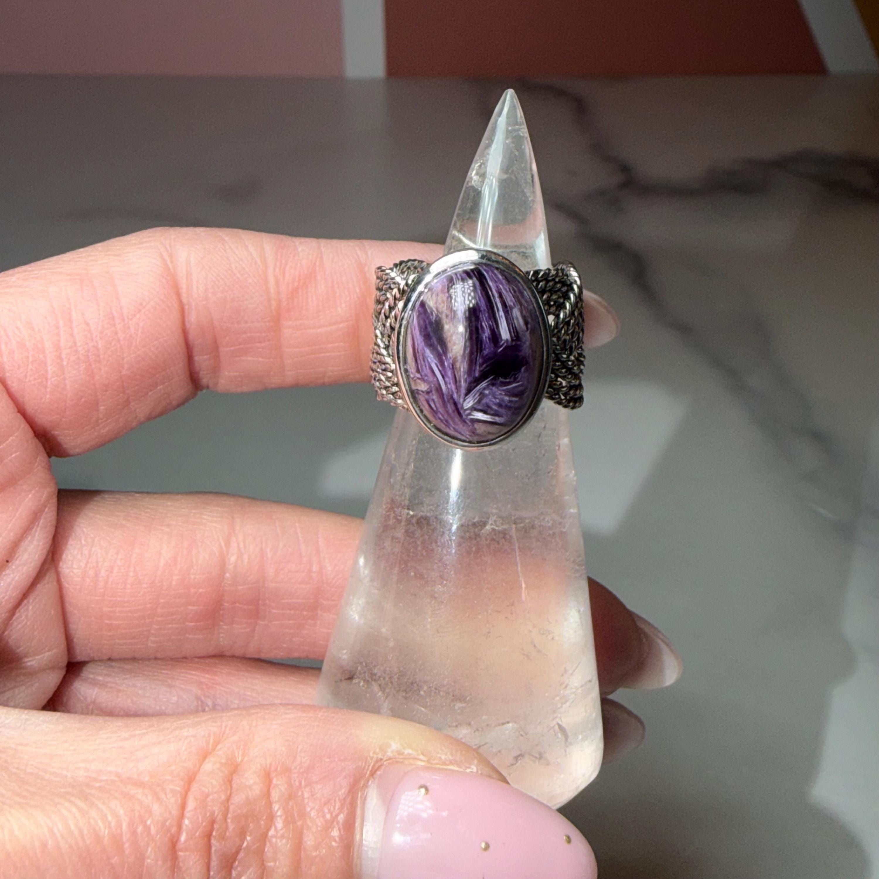 Chariote Sterling Silver Ring, Braided Band, Genuine Charoite Gemstone Size 6 5