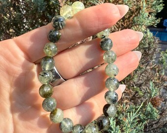 Prehnite & Epidote Crystal Beaded Stretch Bracelet: Natural Gemstone, Heart Chakra
