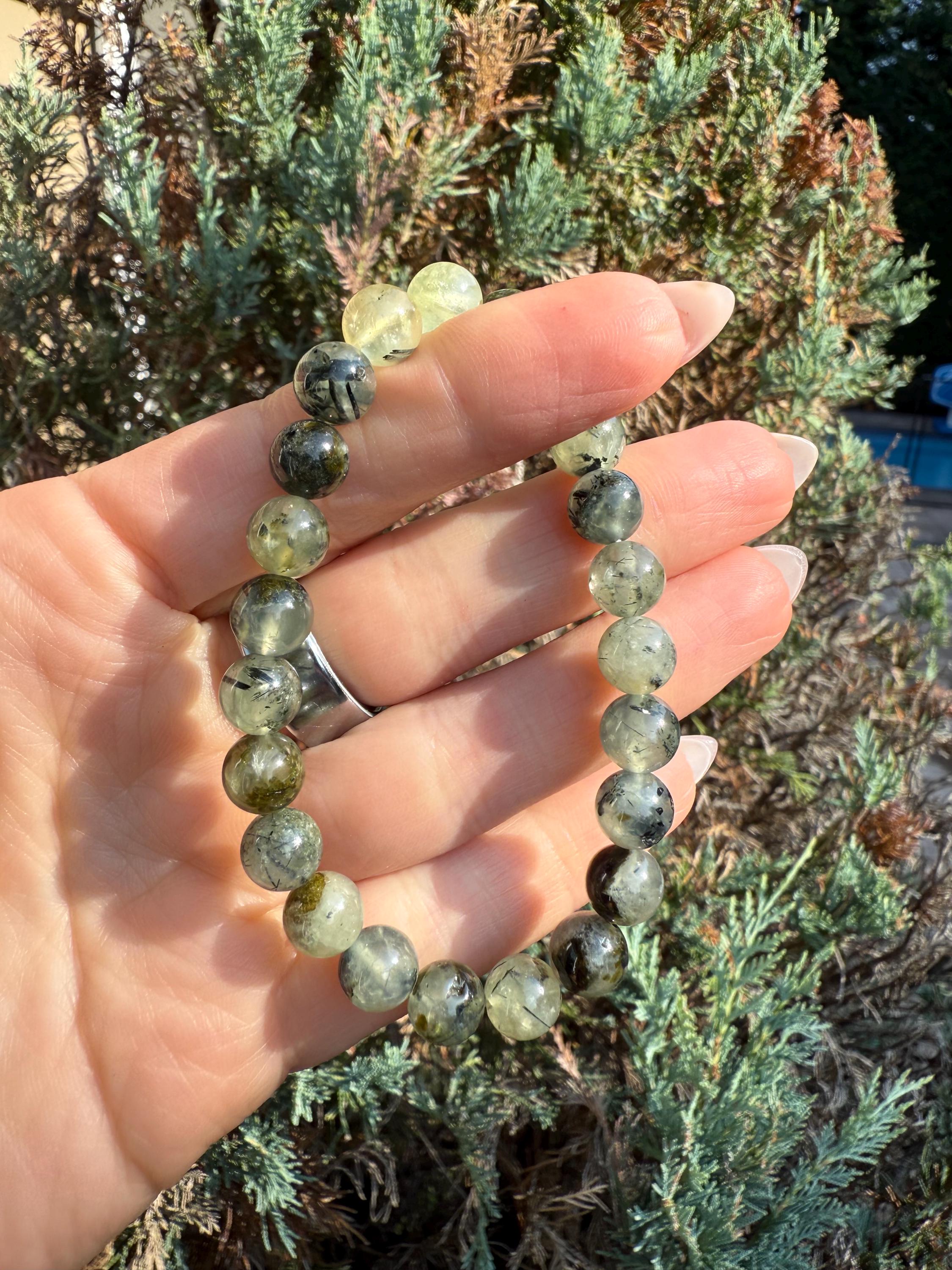 Prehnite & Epidote Crystal Beaded Stretch Bracelet: Natural Gemstone, Heart Chakra