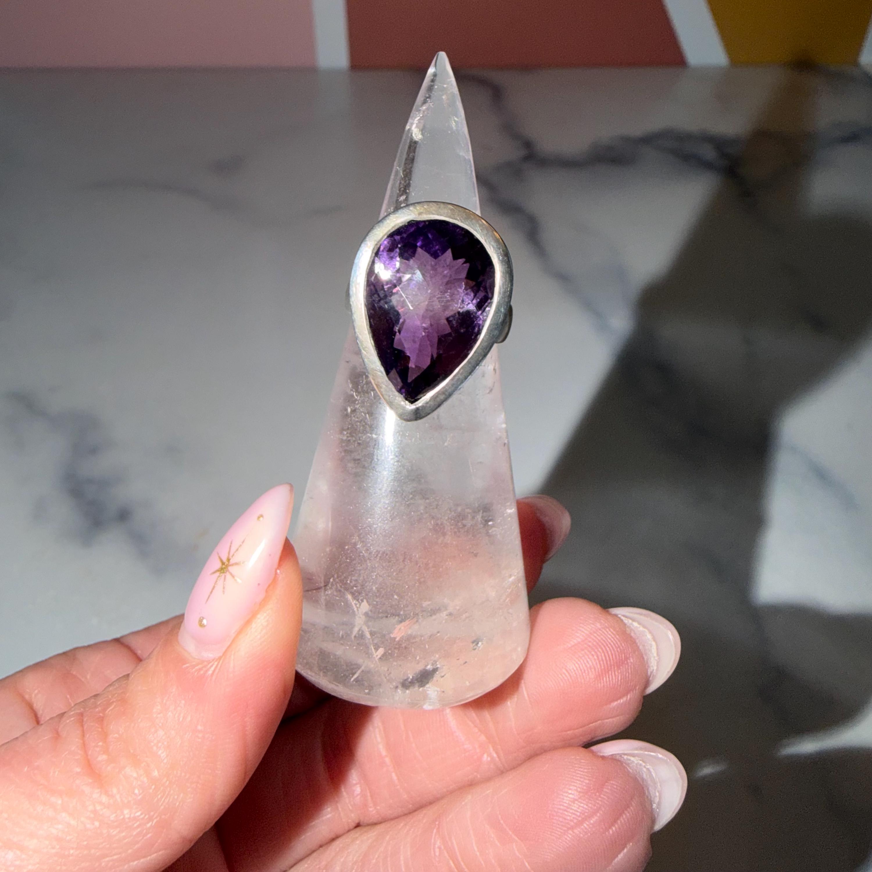 Large Amethyst Teardrop Ring • Sterling Silver • Boho Statement Jewelry (Size 6) 3