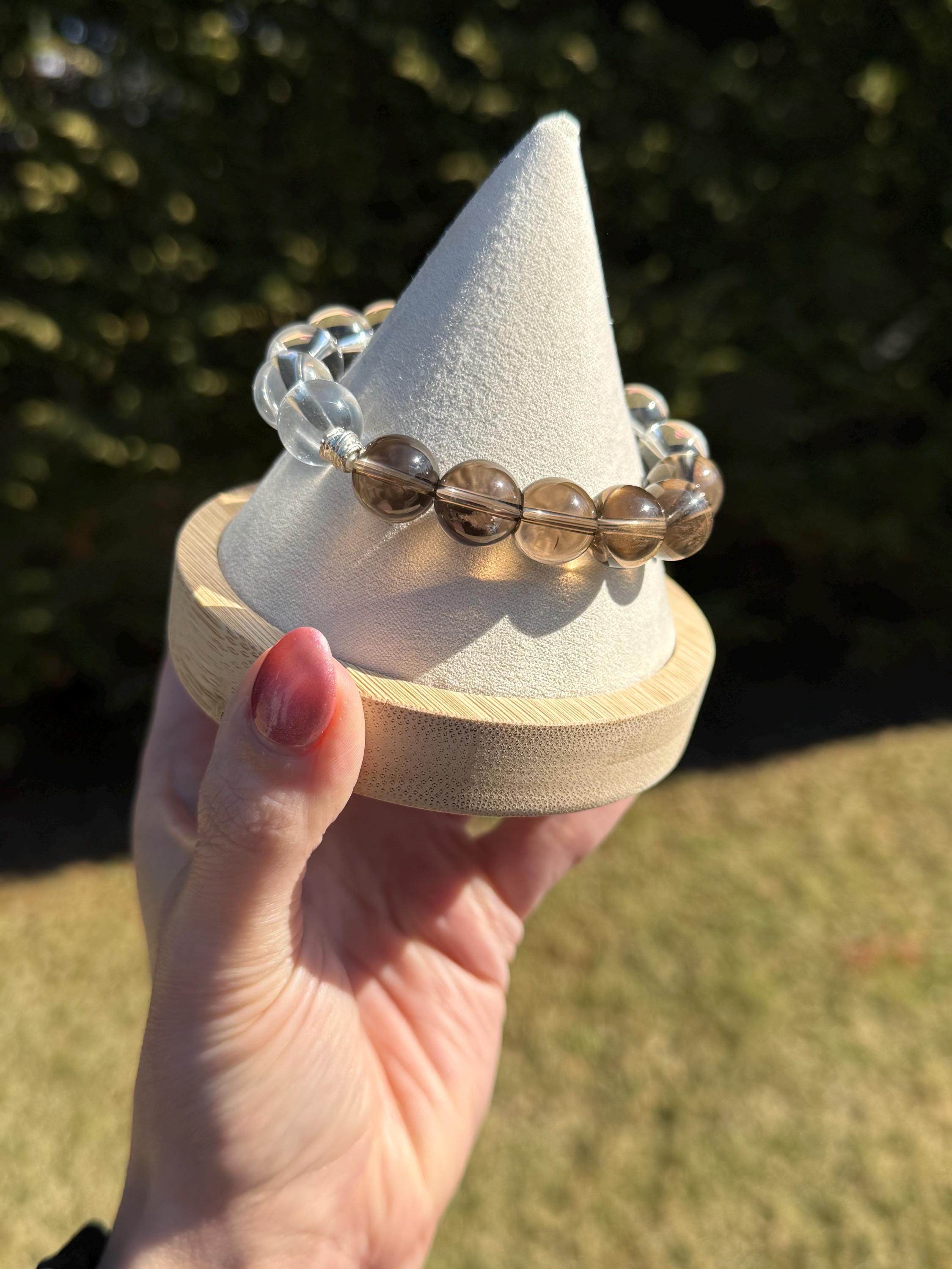 Clear Quartz & Smoky Quartz Crystal Stretch Beaded Bracelet • Gemstone Balance Energy (12.5mm) 3