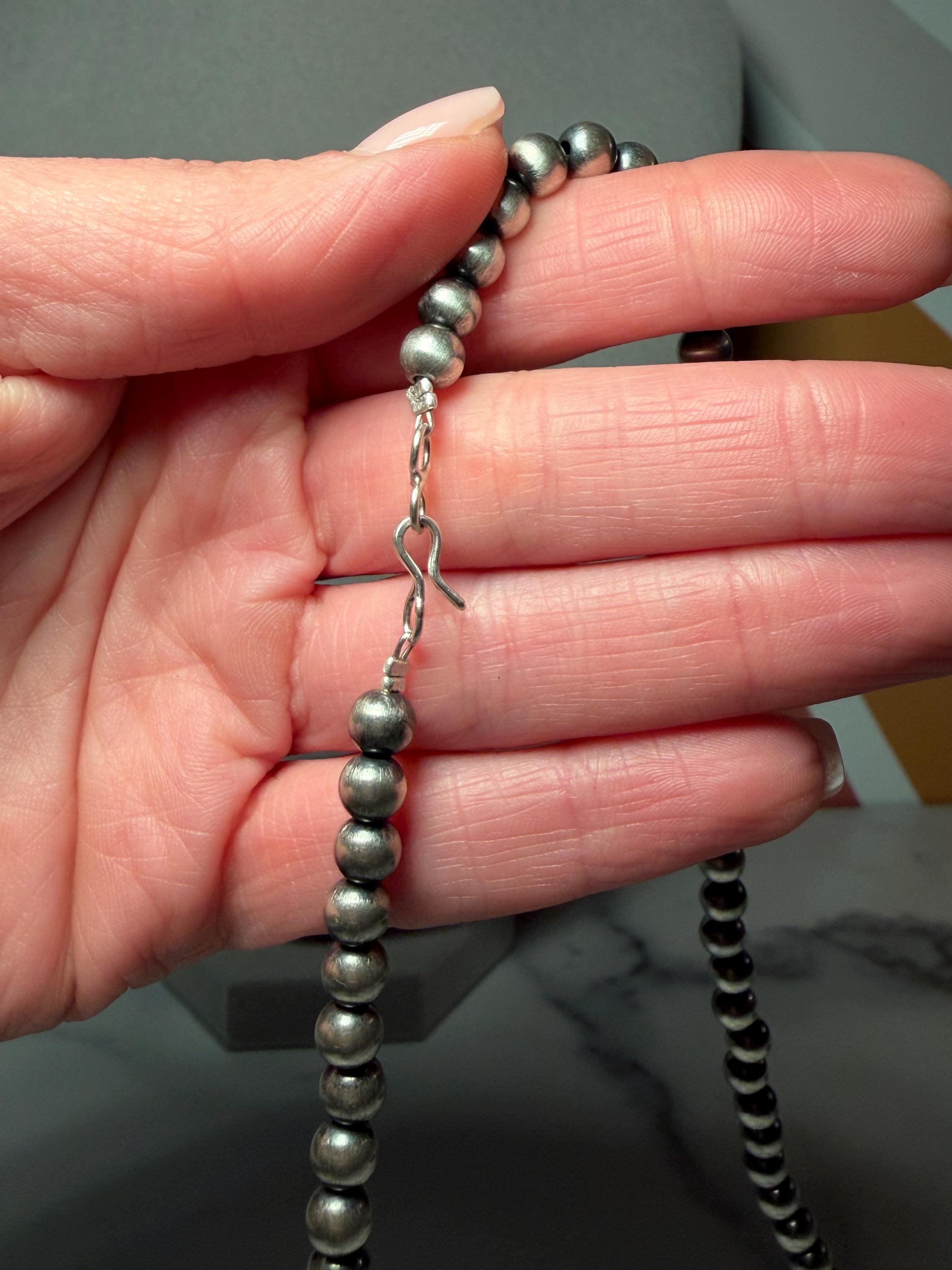 Sonoran Gold Turquoise Naja Pendant with Navajo Pearls, Sterling Silver Native Handmade Stamped Necklace, 18 Inch 6mm Pearls 7
