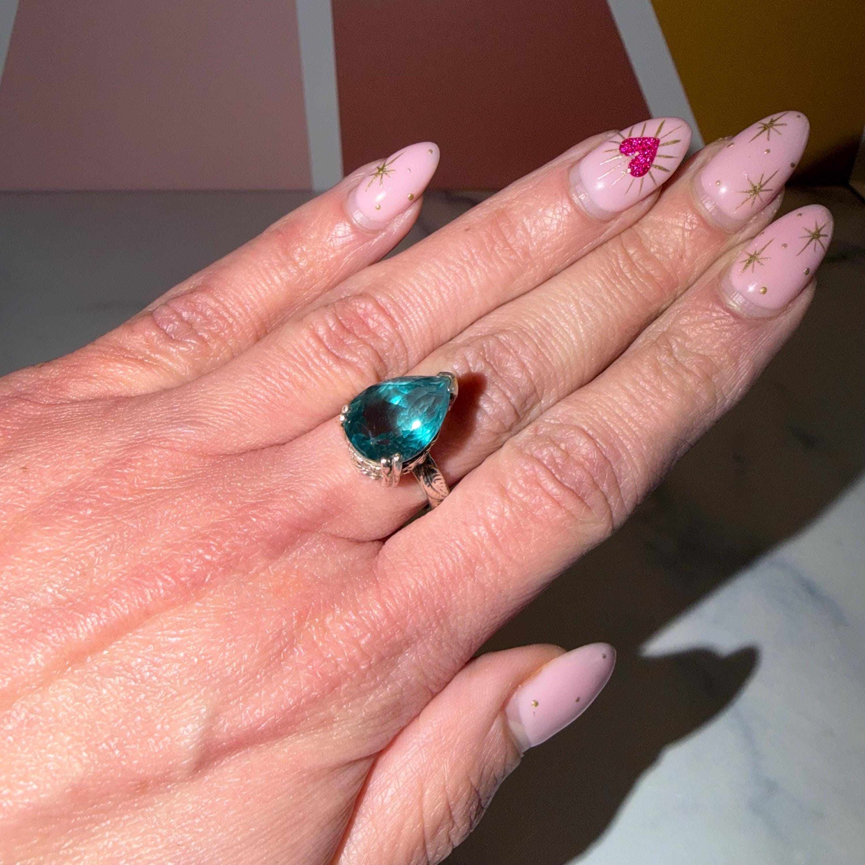 Blue Fluorite Teardrop Ring • Sterling Silver Floral Band • Boho Statement Ring (Size 7) 3