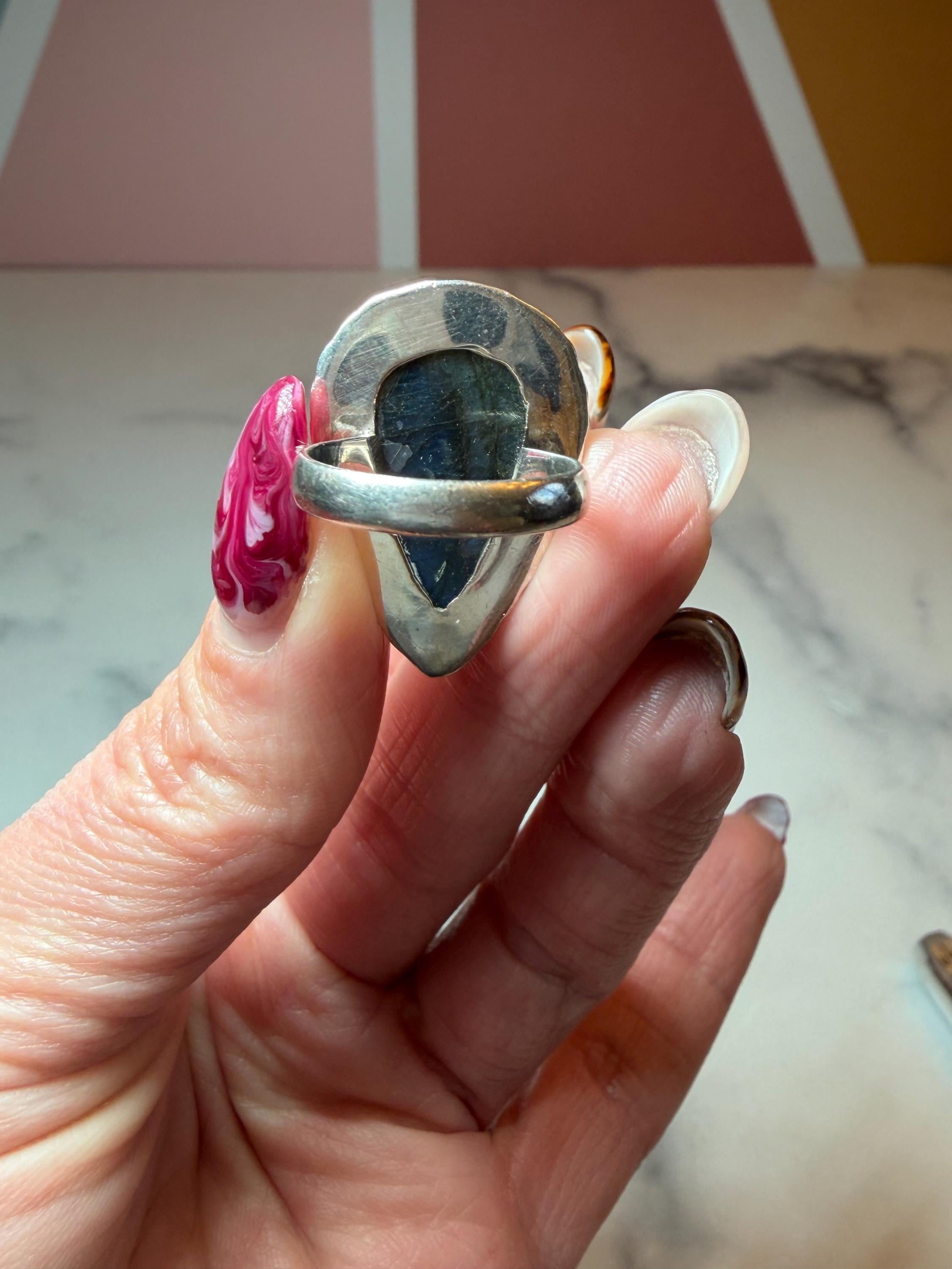 Blue Flash Labradorite Teardrop Ring • Sterling Silver • Boho Gemstone Jewelry (size 6) 9