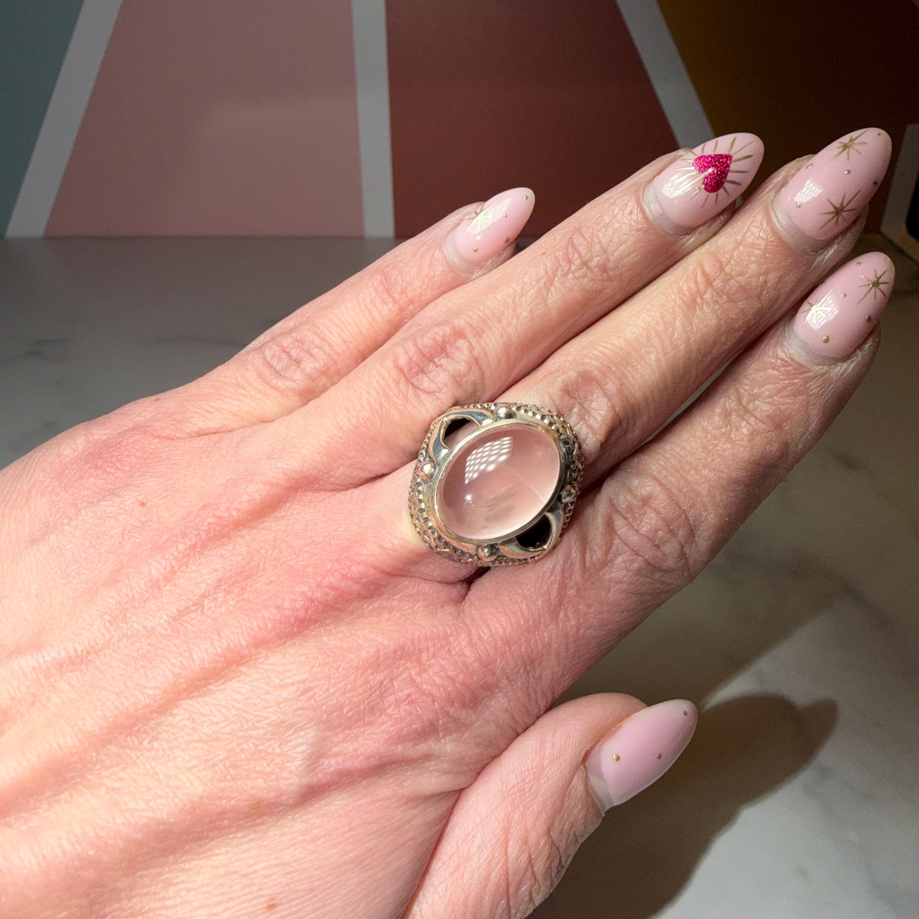 Large Rose Quartz Ring, Ornate 925 Sterling Silver, Statement Crystal Jewelry Size 7 2