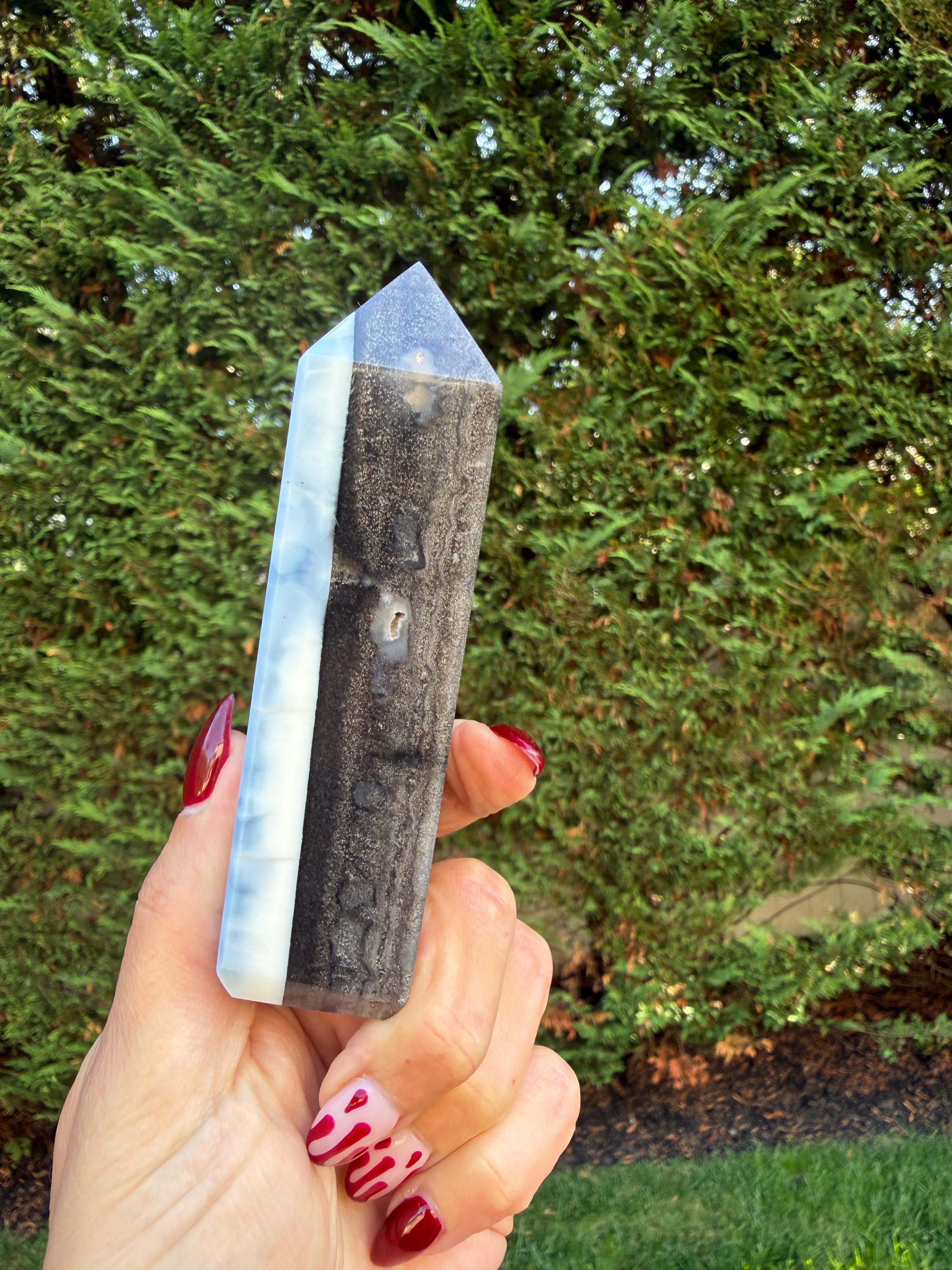 Owyhee Blue Opal Tower • Moss Agate Inclusions, Calming Crystal Point 10