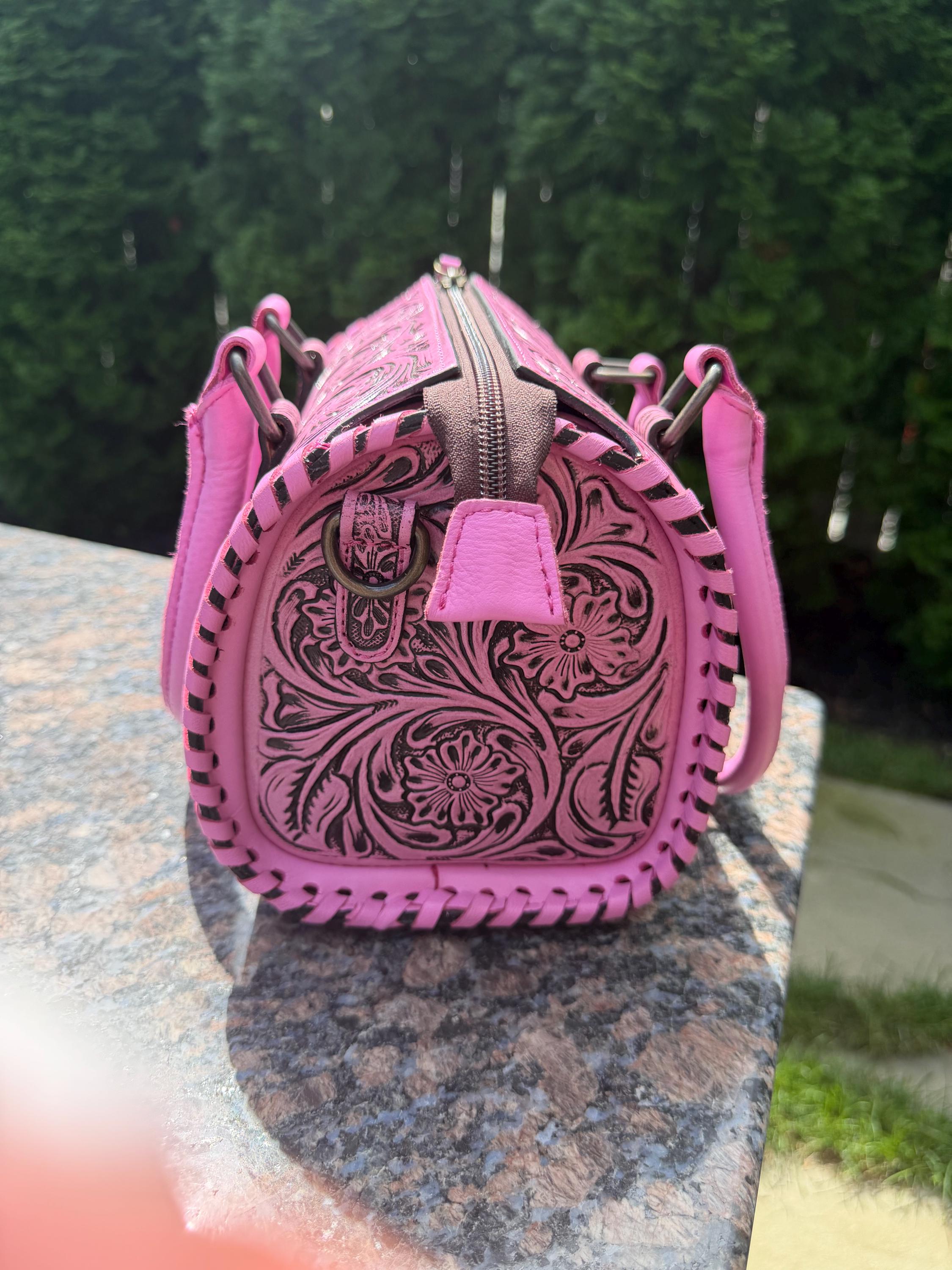 Small Pink Tooled Leather Speedy Bag – Western Floral Handbag 9