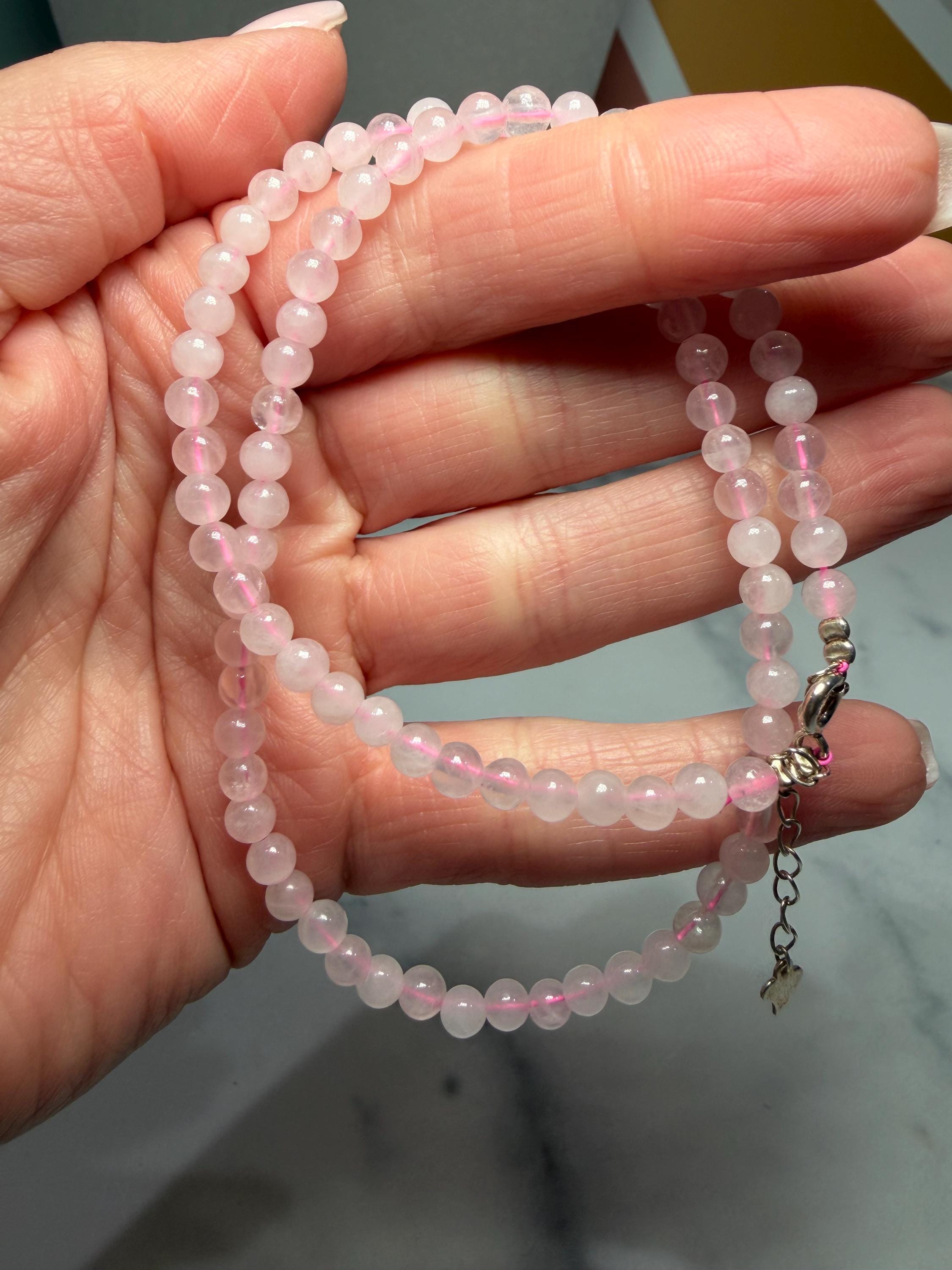 Polished Rose Quartz Beaded Necklace, 925 Sterling Silver, Pink Gemstone, Adjustable Chain 4