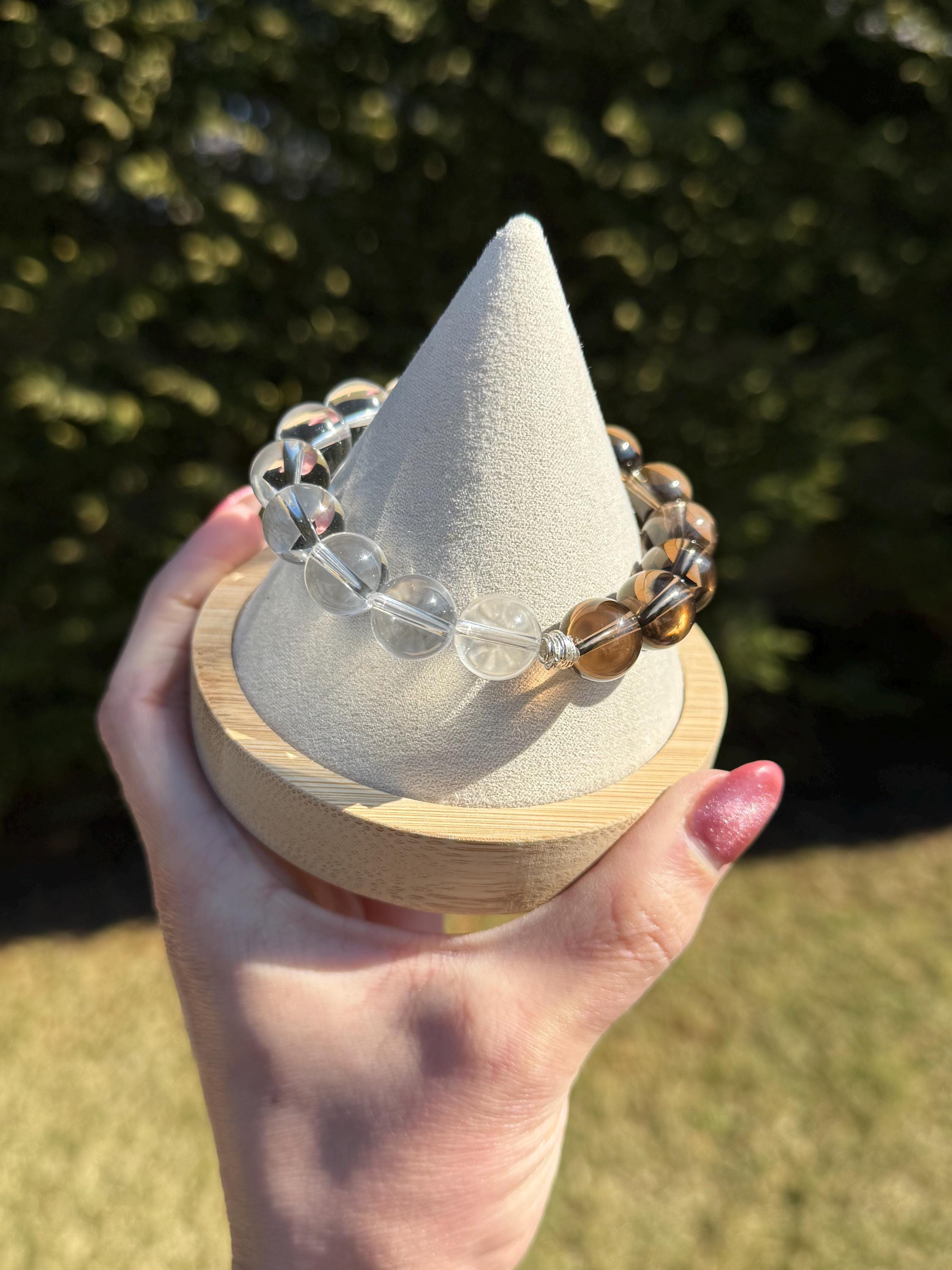 Clear Quartz & Smoky Quartz Crystal Stretch Beaded Bracelet • Gemstone Balance Energy (12.5mm) 6