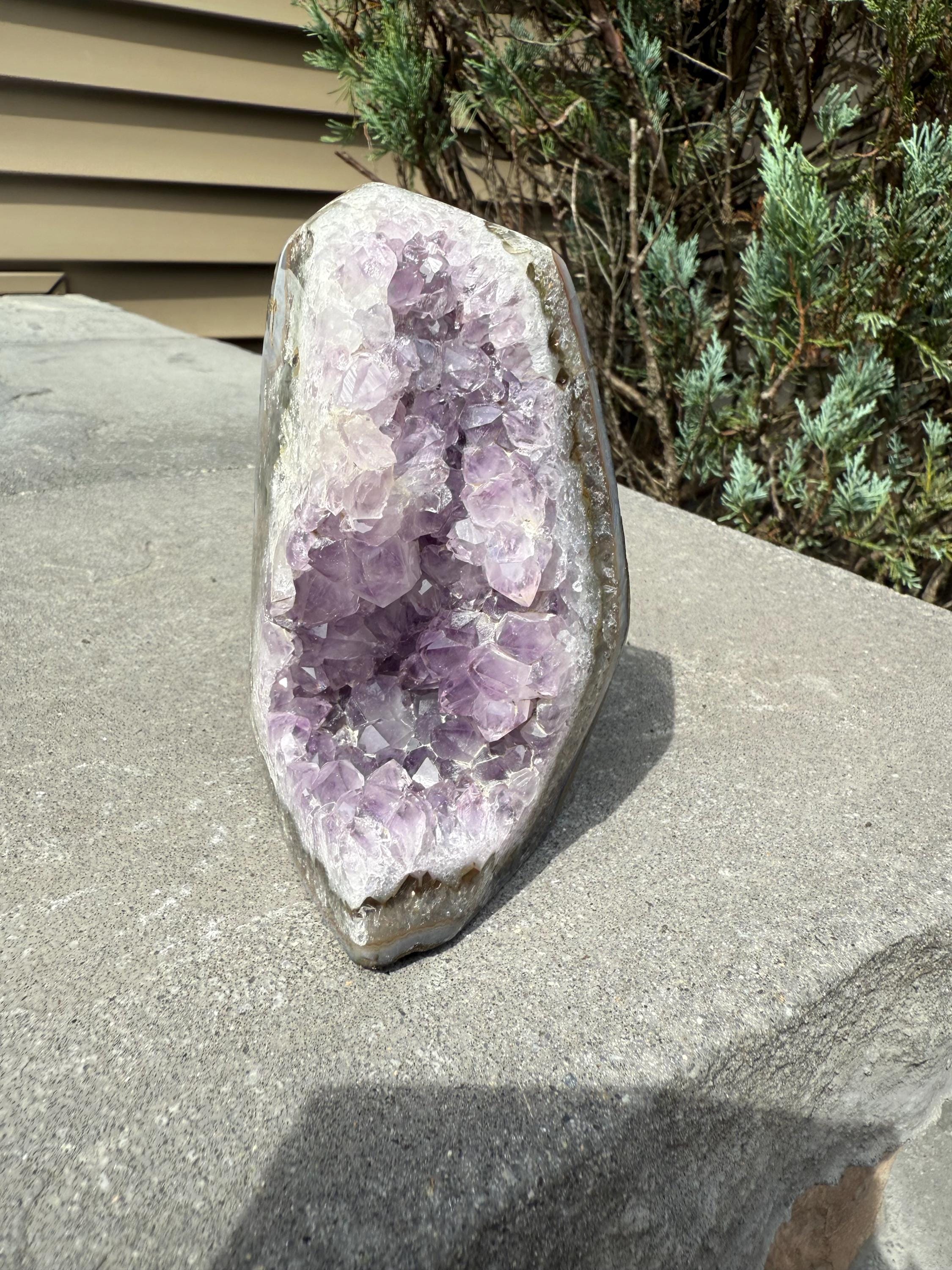 Purple Amethyst & Agate Druzy Cut Base • Banded Crystal Geode • Home Decor • Healing Mineral Specimen 8