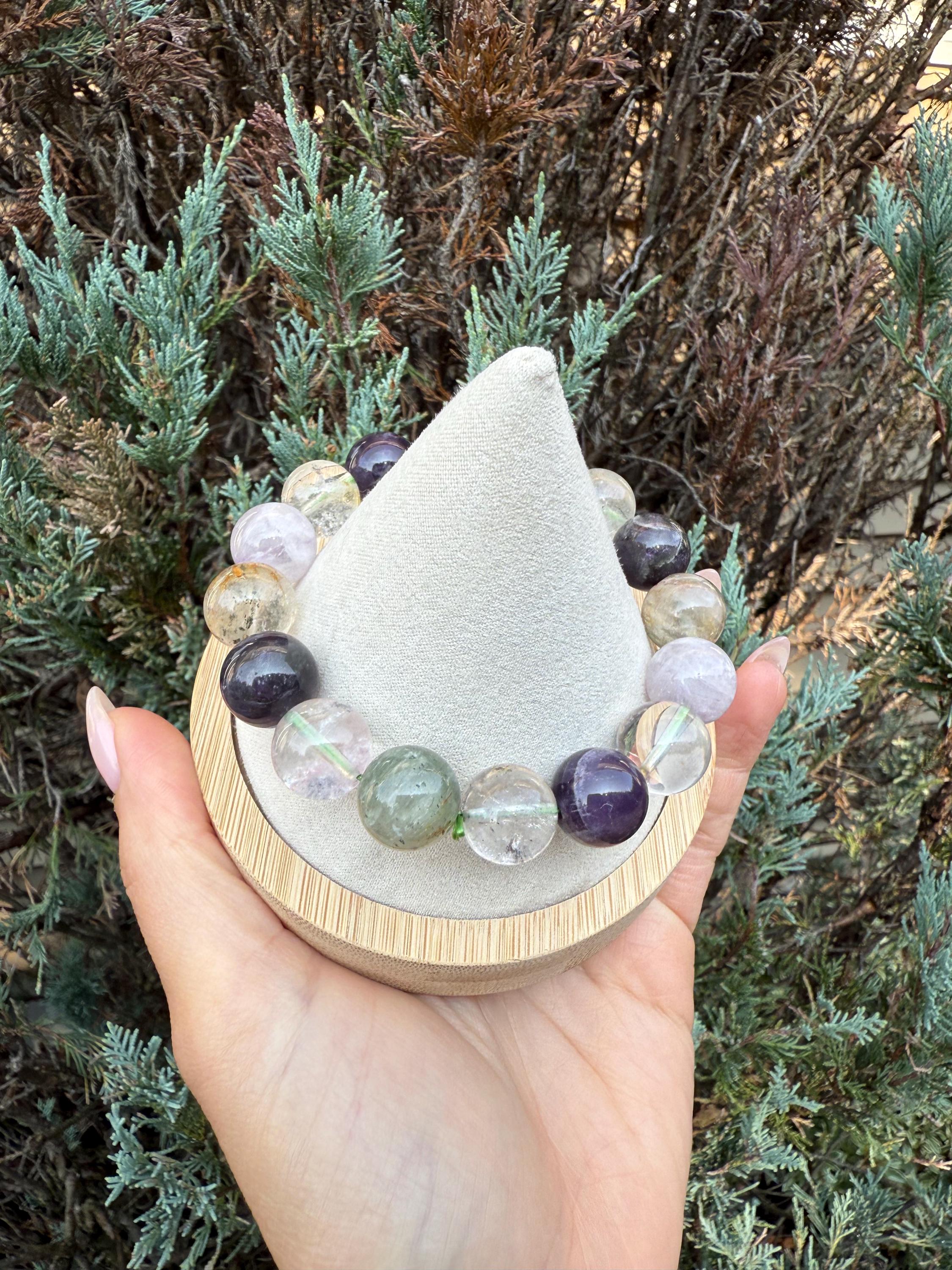 Garden Quartz, Purple Amethyst, and Rose Quartz 14mm Gemstone Bracelet Balance Energy 7