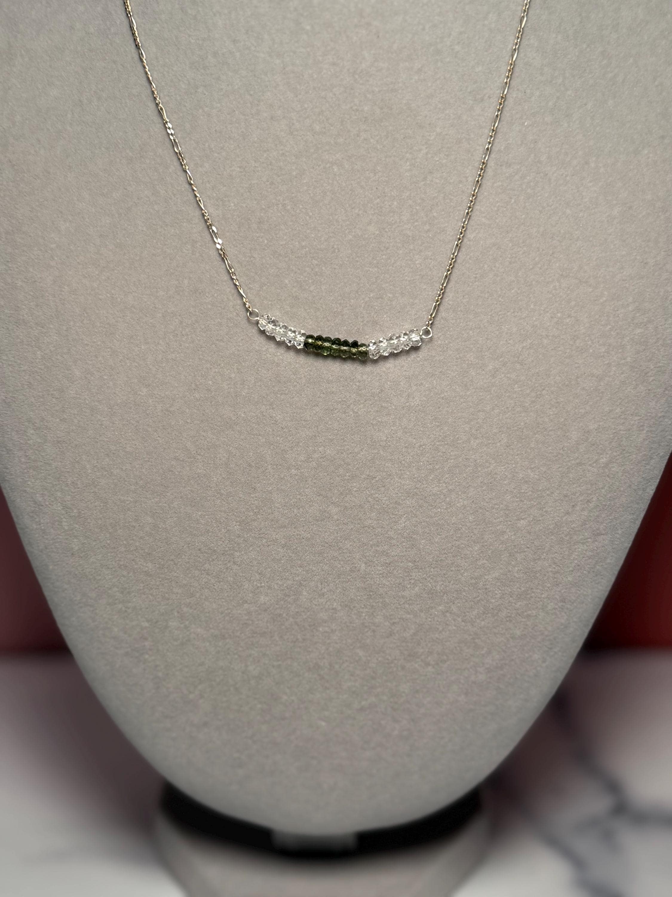Faceted Moldavite Herkimer Diamond Rondelle Necklace, Sterling Silver Chain (16 Inch + 2 Inch Extender) 4