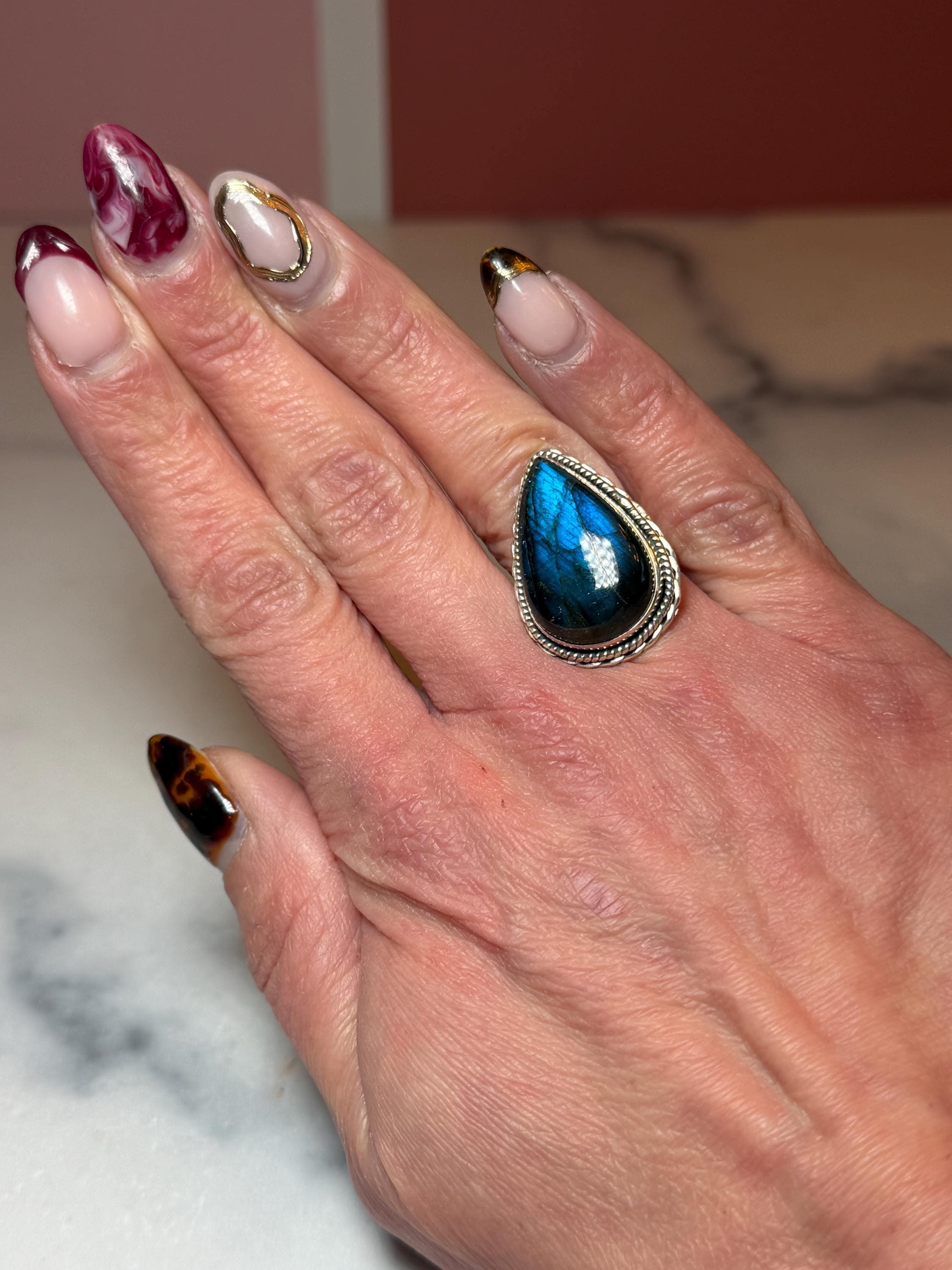 Blue Flash Labradorite Teardrop Ring • Sterling Silver • Boho Gemstone Jewelry (size 6) 2