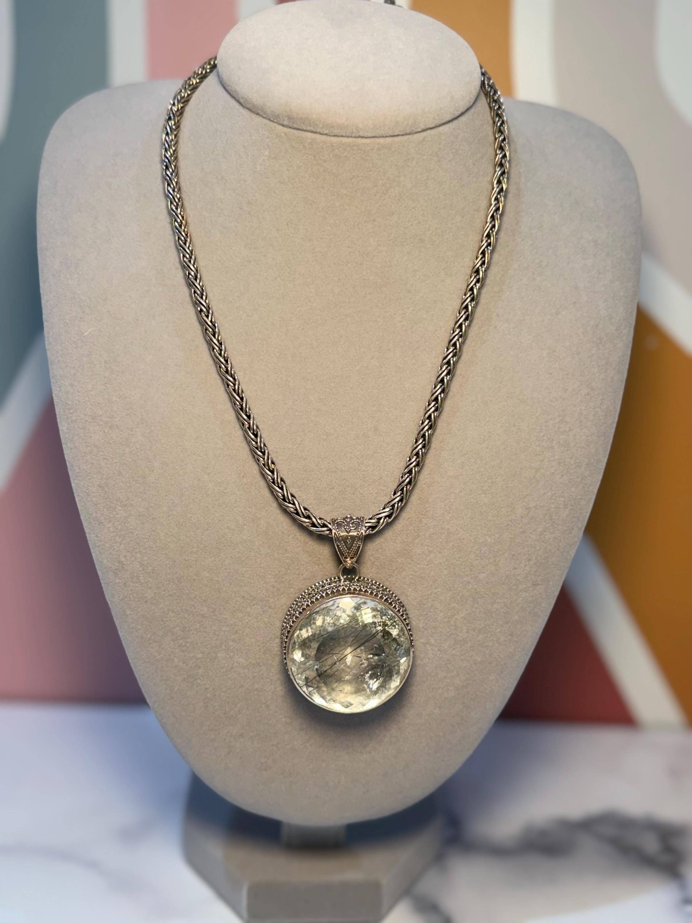 Faceted Rutilated Quartz Pendant, Black Rutile Sterling Silver Ornate Necklace 6
