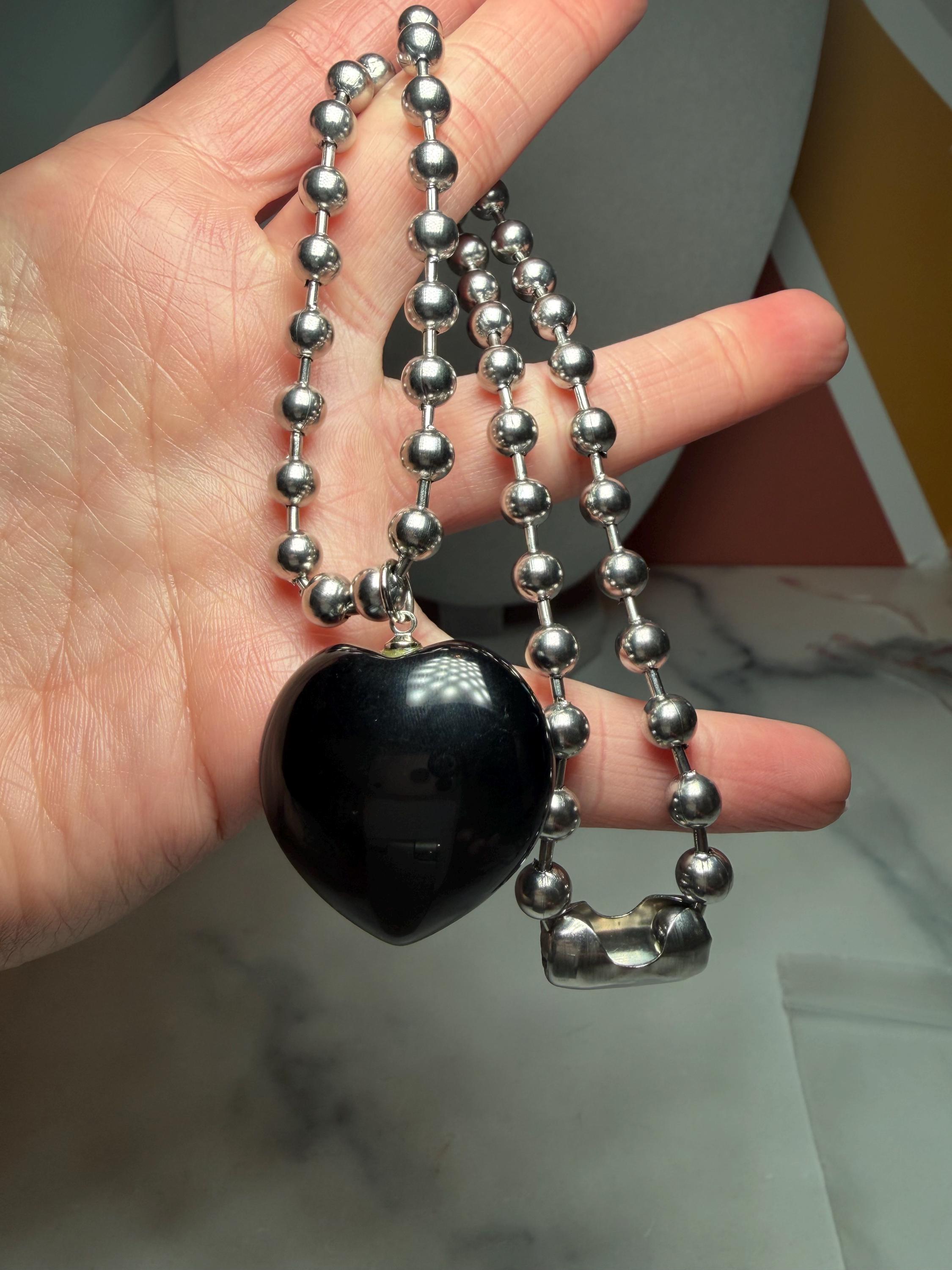 Black Obsidian Heart Necklace, Sterling Silver Ball Chain, 17 Inch Pendant 3