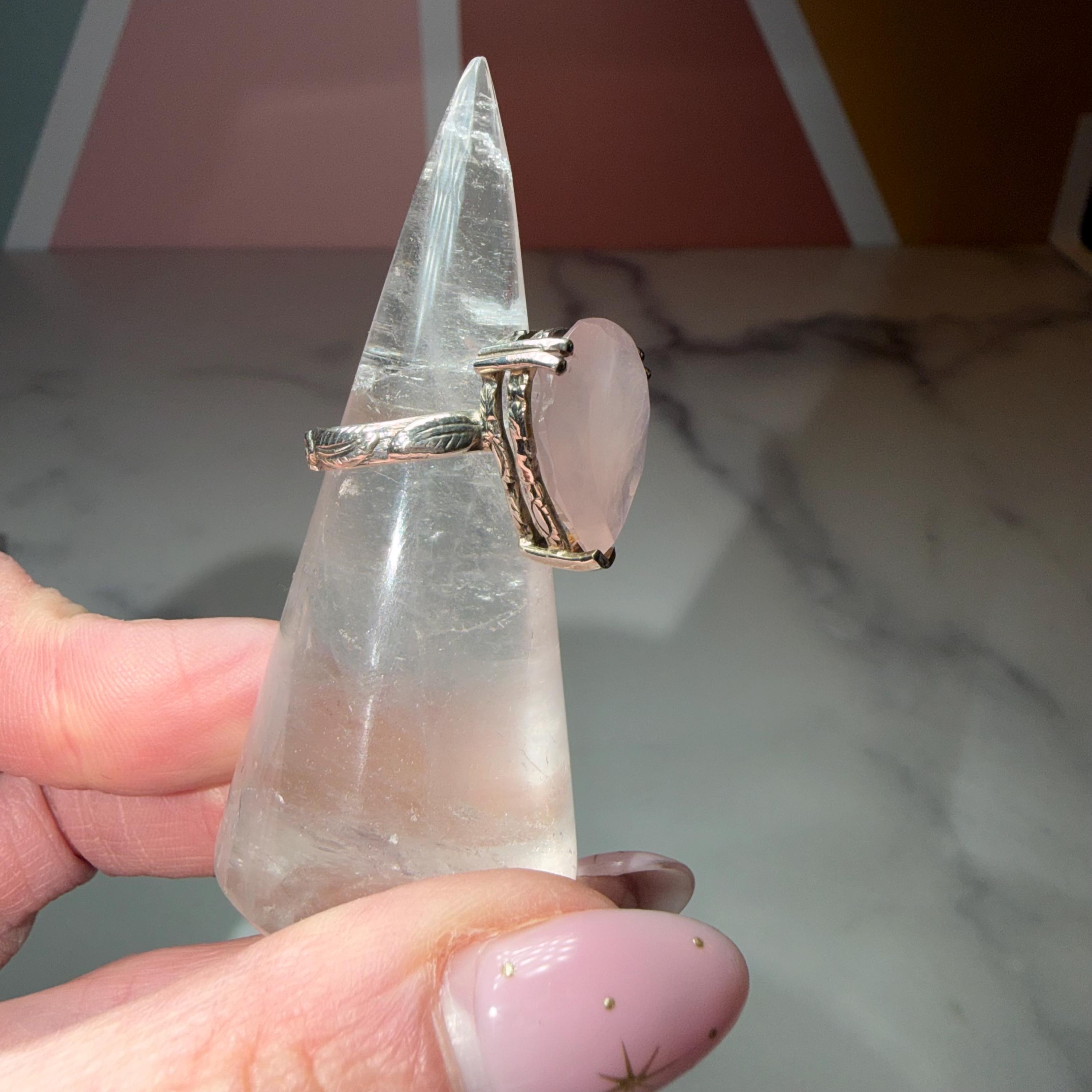 Faceted Rose Quartz Tear Drop Ring, Sterling Silver Ornate Band, Size 7.25 5