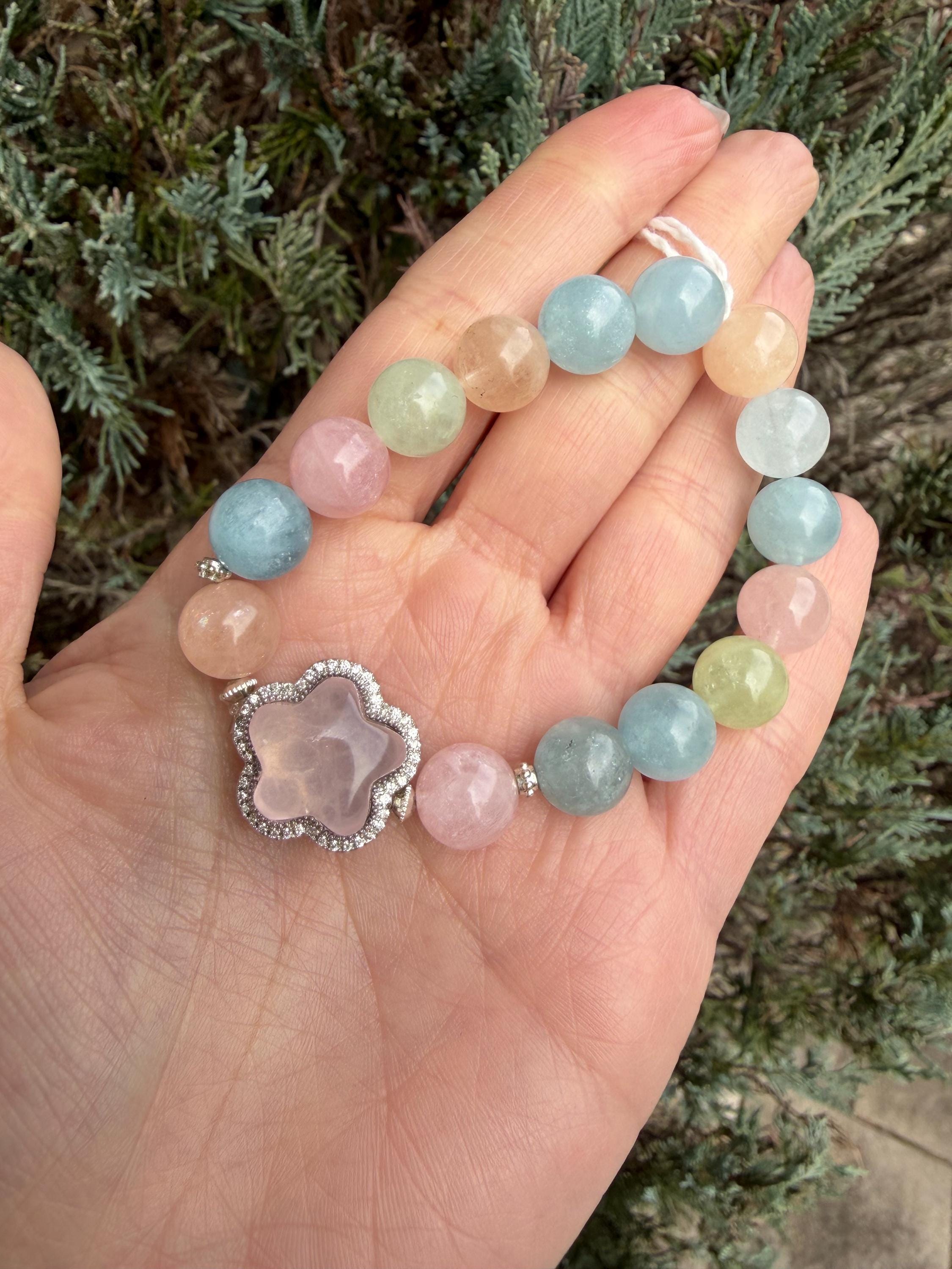 Mixed Beryl Bracelet with Rose Quartz Flower Charm • Aquamarine, Morganite, Heliodor Jewelry 11