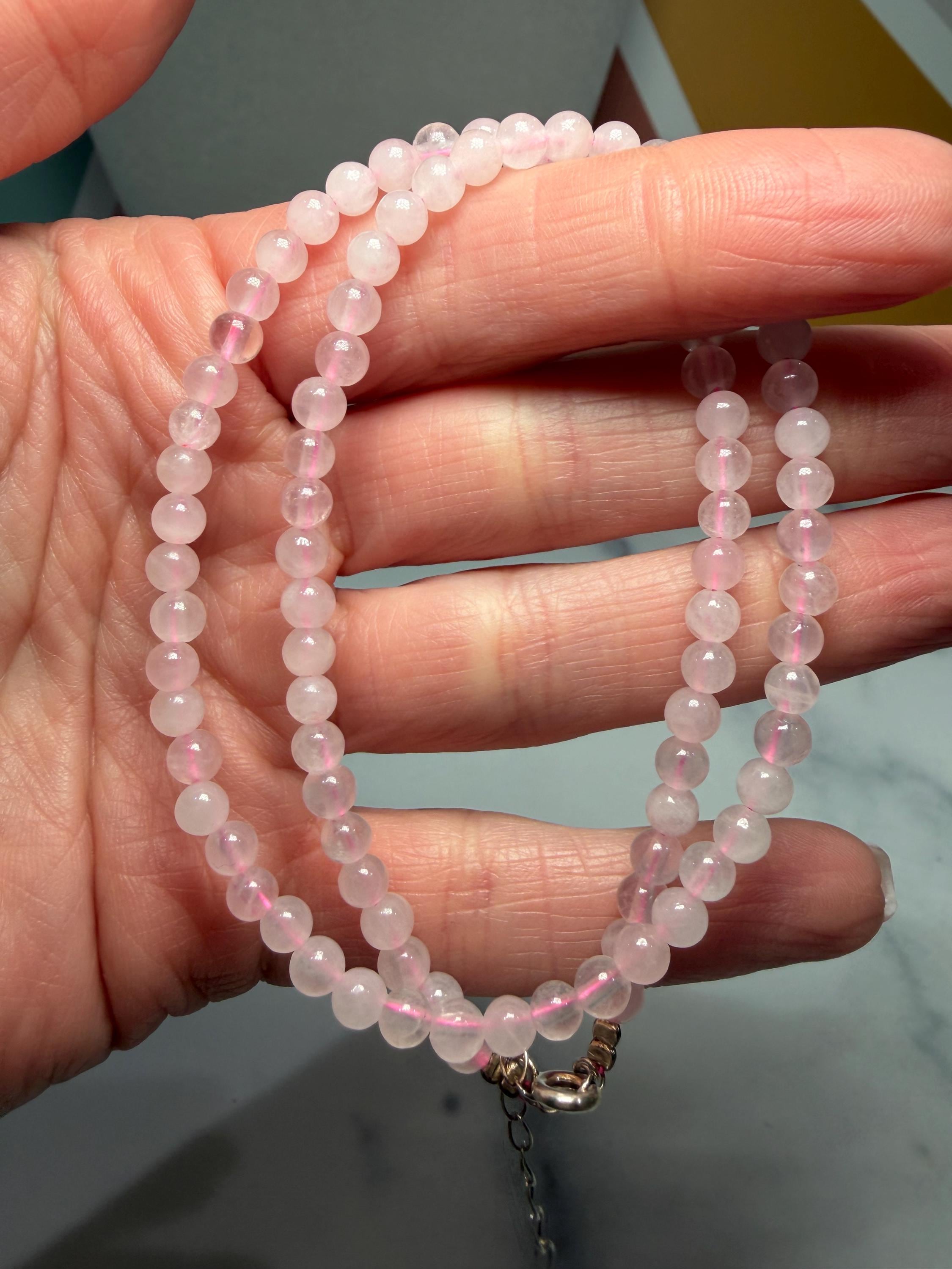 Polished Rose Quartz Beaded Necklace, 925 Sterling Silver, Pink Gemstone, Adjustable Chain 2