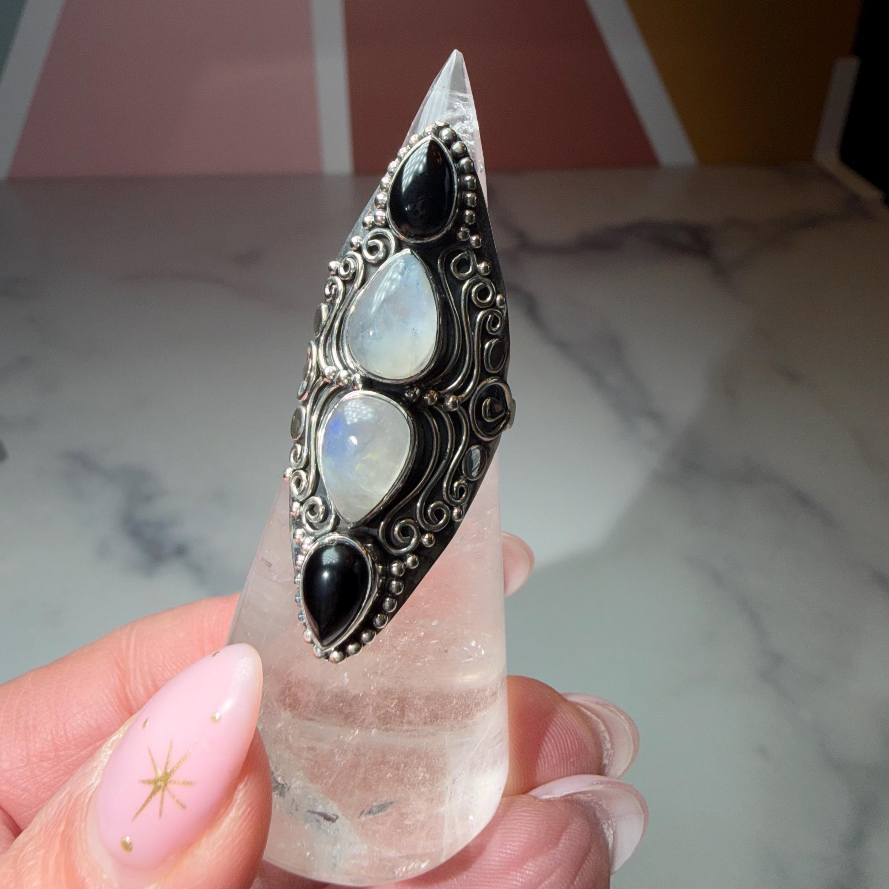 Black Onyx Moonstone Sterling Silver Ornate Statement Ring Size 7