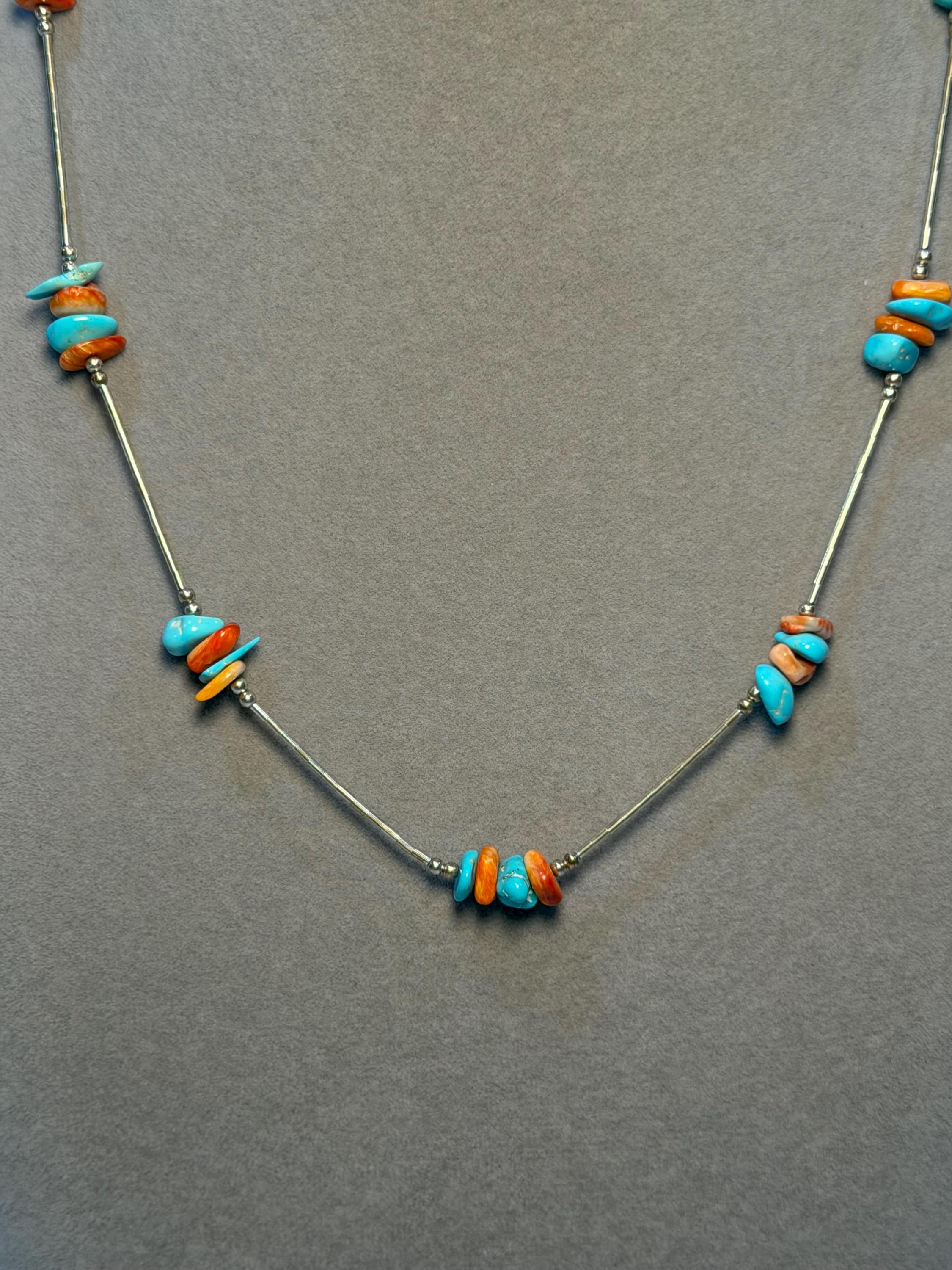 Liquid Silver Necklace Orange Spiny Oyster Turquoise Chips 925 Sterling Southwest (17.5 Inch) 5