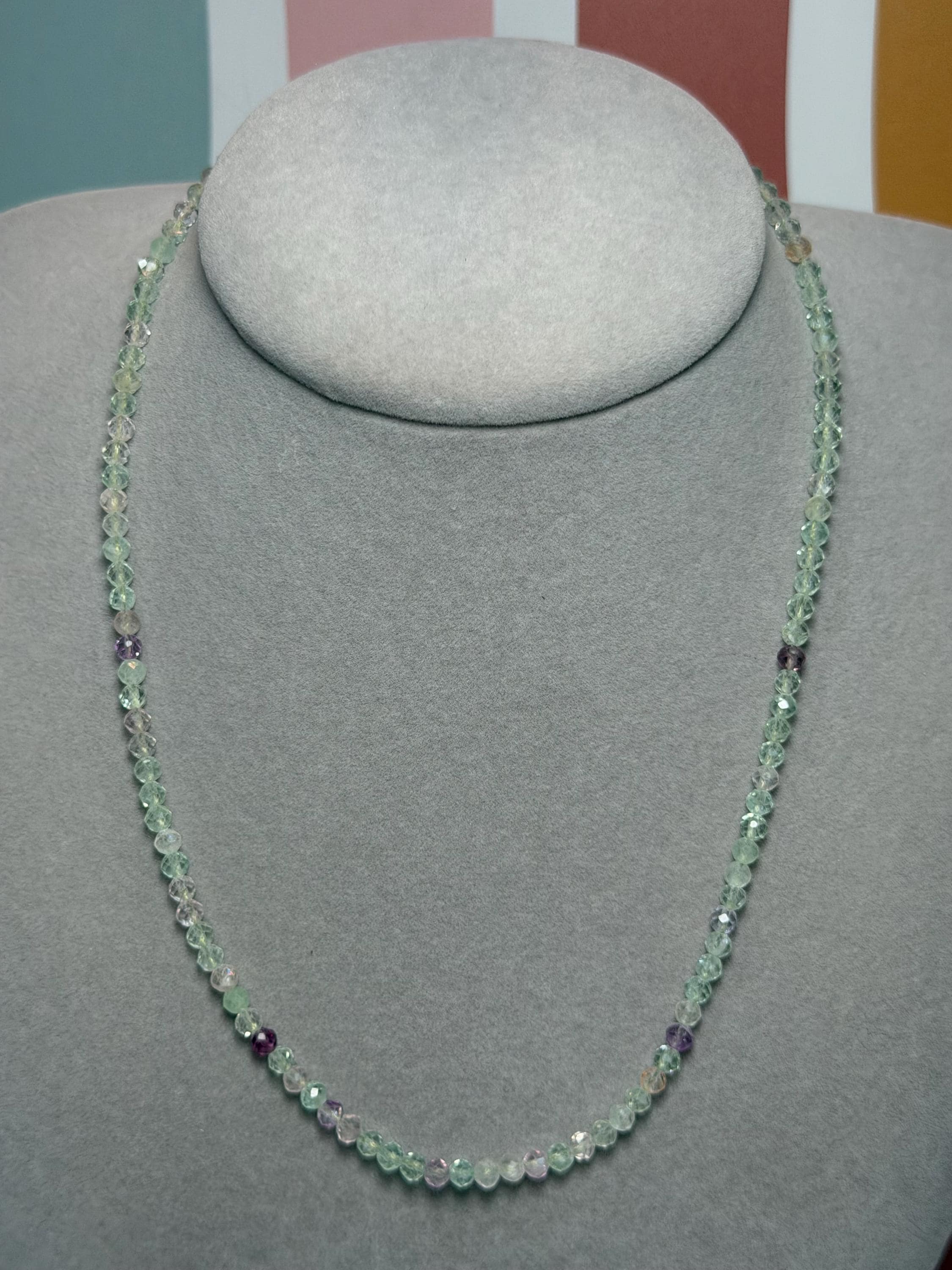 Faceted Fluorite Beaded Necklace, Sterling Silver Chain, Multicolor Gemstone, Adjustable Length