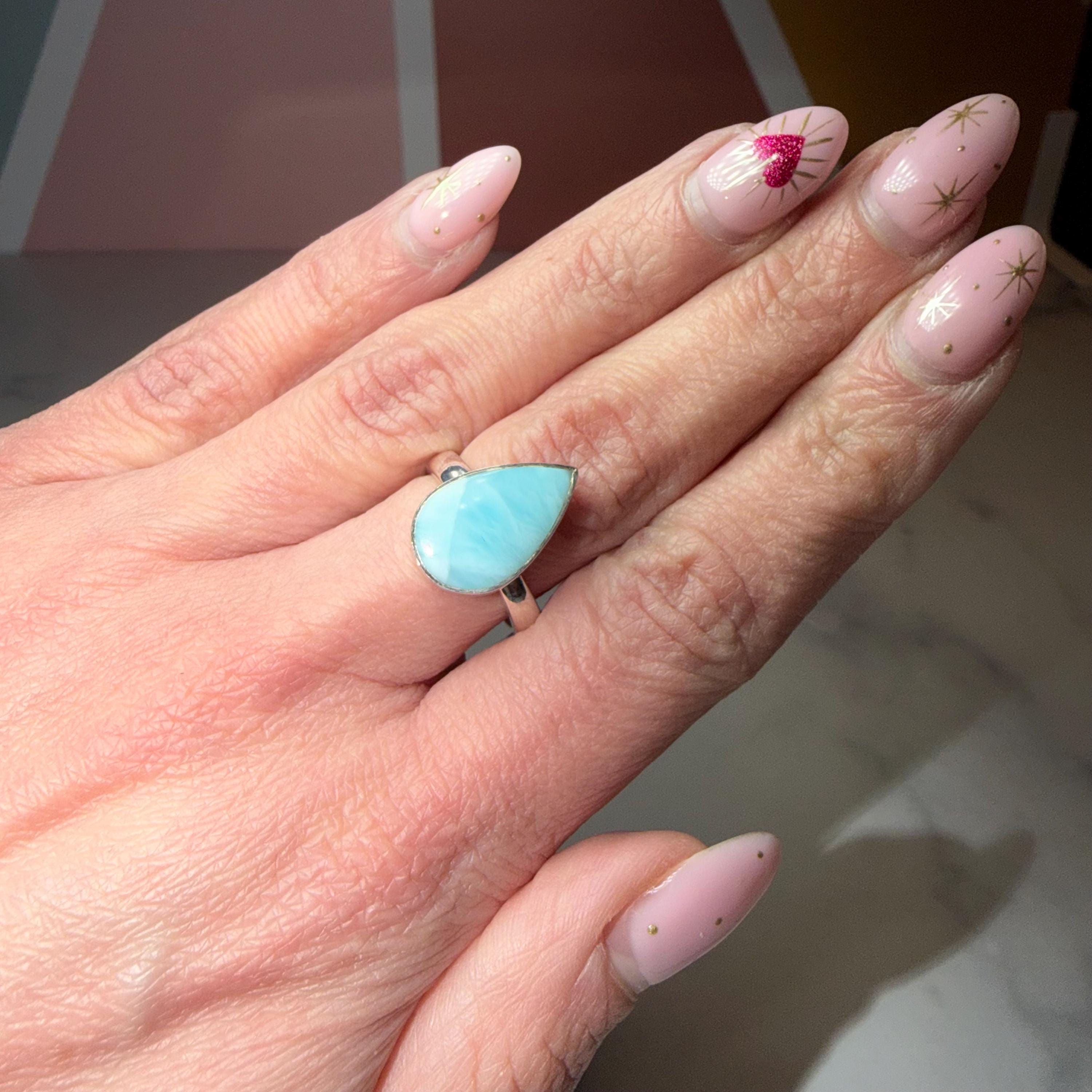 Larimar Tear Drop Ring, Sterling Silver Ocean Stone Statement Jewelry (size 7) 3