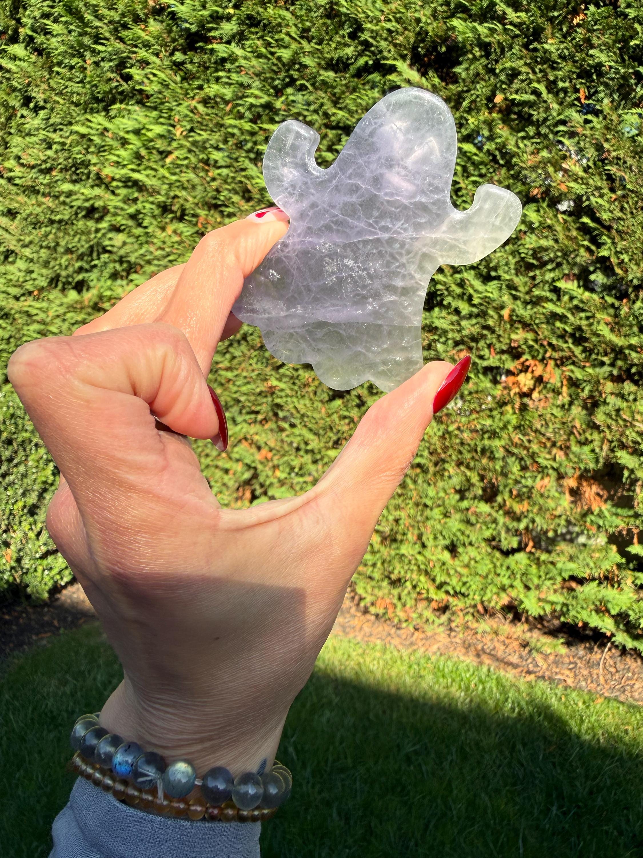 Hand Carved Fluorite Ghost Crystal • Purple Green Spirit Figurine Halloween Decor